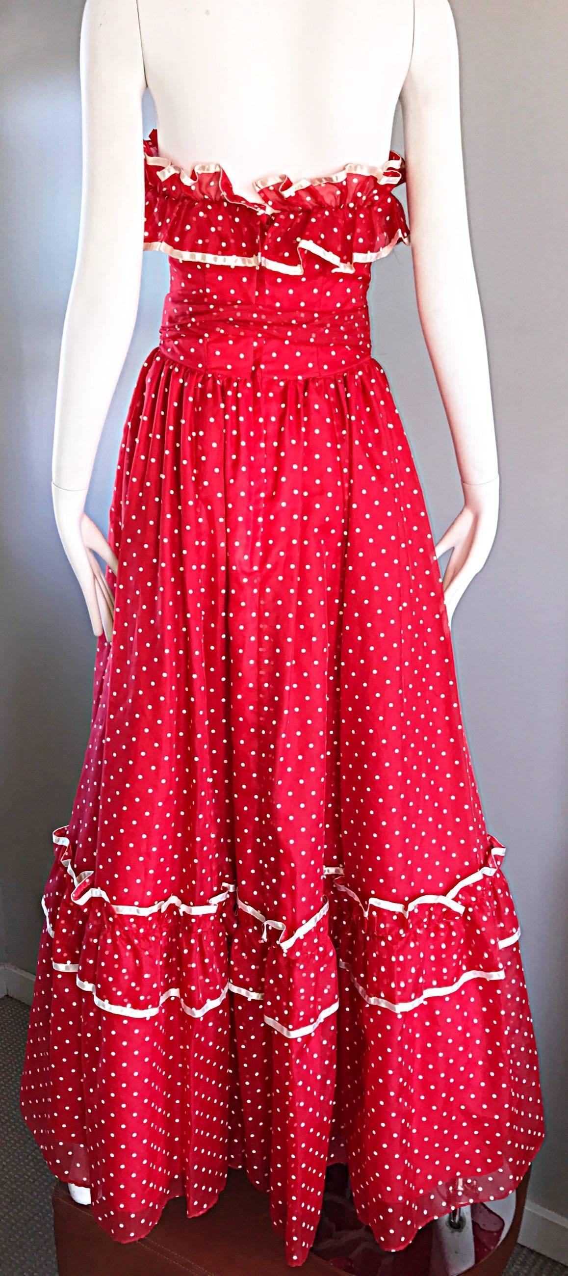 1970s Red and White Polka Dot Vintage 70s Strapless Chiffon Belted Maxi Dress 4