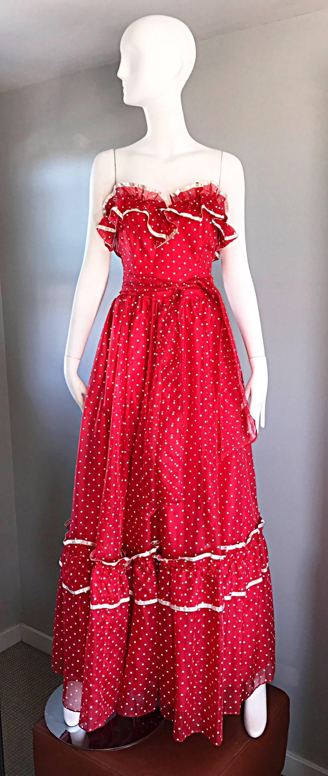 1970s Red and White Polka Dot Vintage 70s Strapless Chiffon Belted Maxi Dress 5