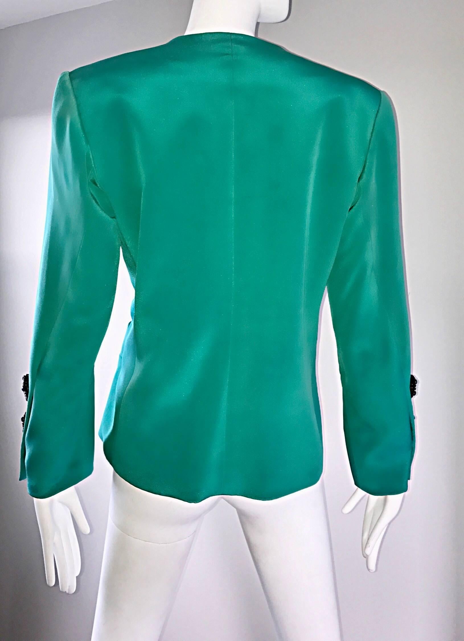 Women's Vintage Yves Saint Laurent Haute Couture Kelly Green Silk Jacket and Shell Set For Sale