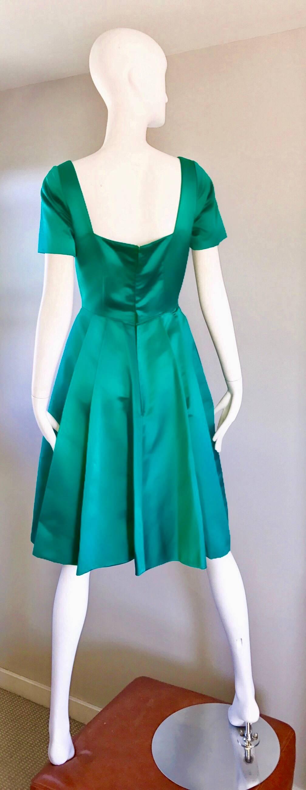 Women's Beautiful 1950s Michael Novarese Kelly Green Silk Satin Fit n' Flare 50s Dress 