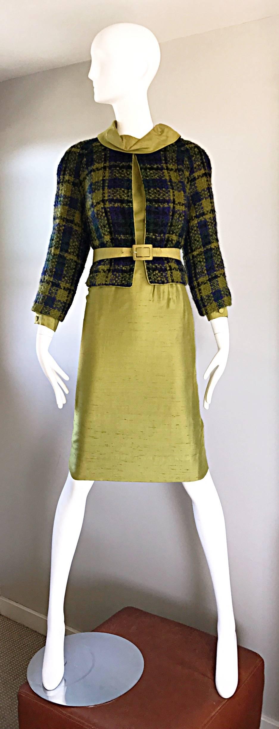 Chic Jackie O style vintage I MAGNIN chartreuse green raw silk three piece dress set! Features a long sleeve silk shantung shift dress. High collar, with button cuffs at sleeves. Elastic waistband can accomodate a variety of sizes. Blue and