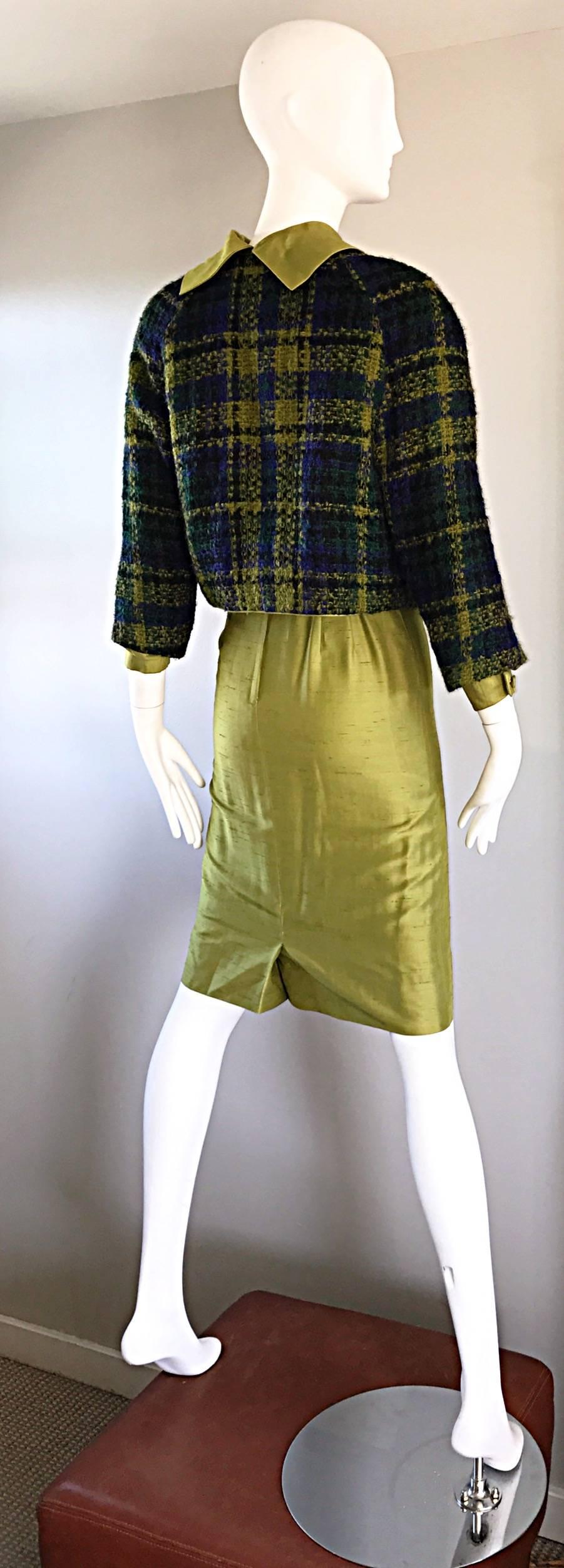 1960s I Magnin Chartreuse Green Silk Shantung 3 Piece Dress and Jacket Ensemble In Excellent Condition For Sale In San Diego, CA