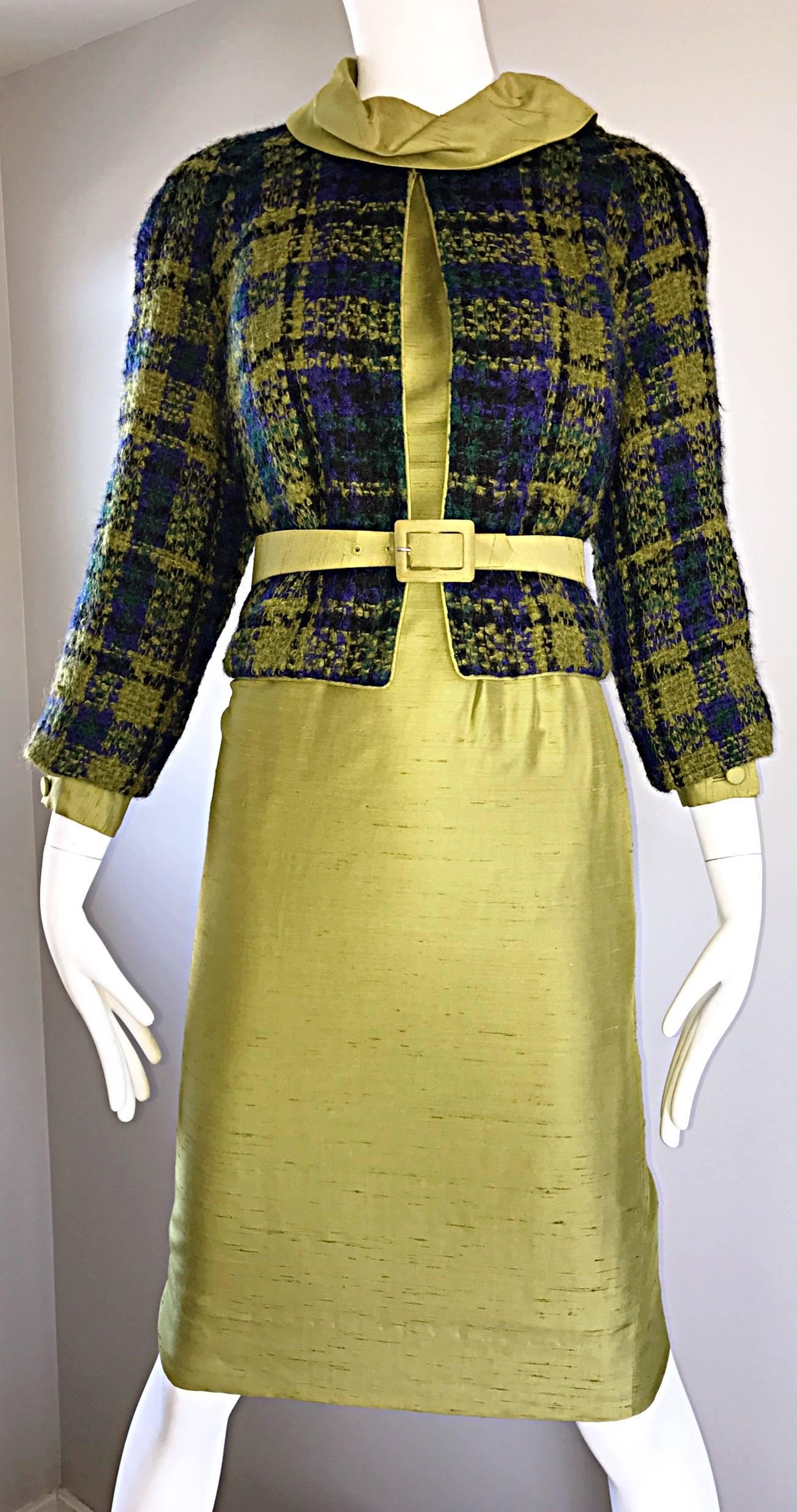 Women's 1960s I Magnin Chartreuse Green Silk Shantung 3 Piece Dress and Jacket Ensemble For Sale