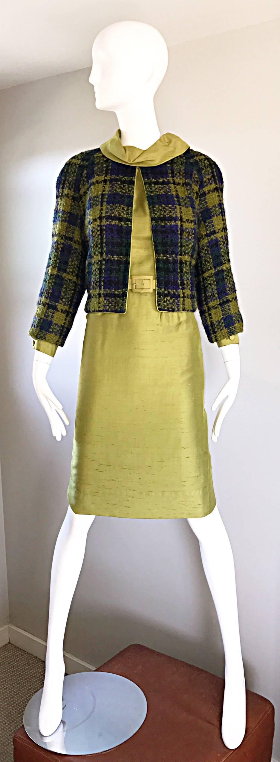 1960s I Magnin Chartreuse Green Silk Shantung 3 Piece Dress and Jacket Ensemble For Sale 2