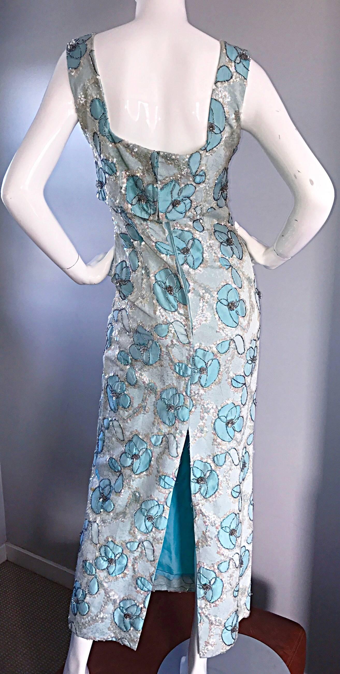 Blue Beautiful 1960s Bain's Demi Couture Vintage 60s Turquoise Silk Evening Gown 