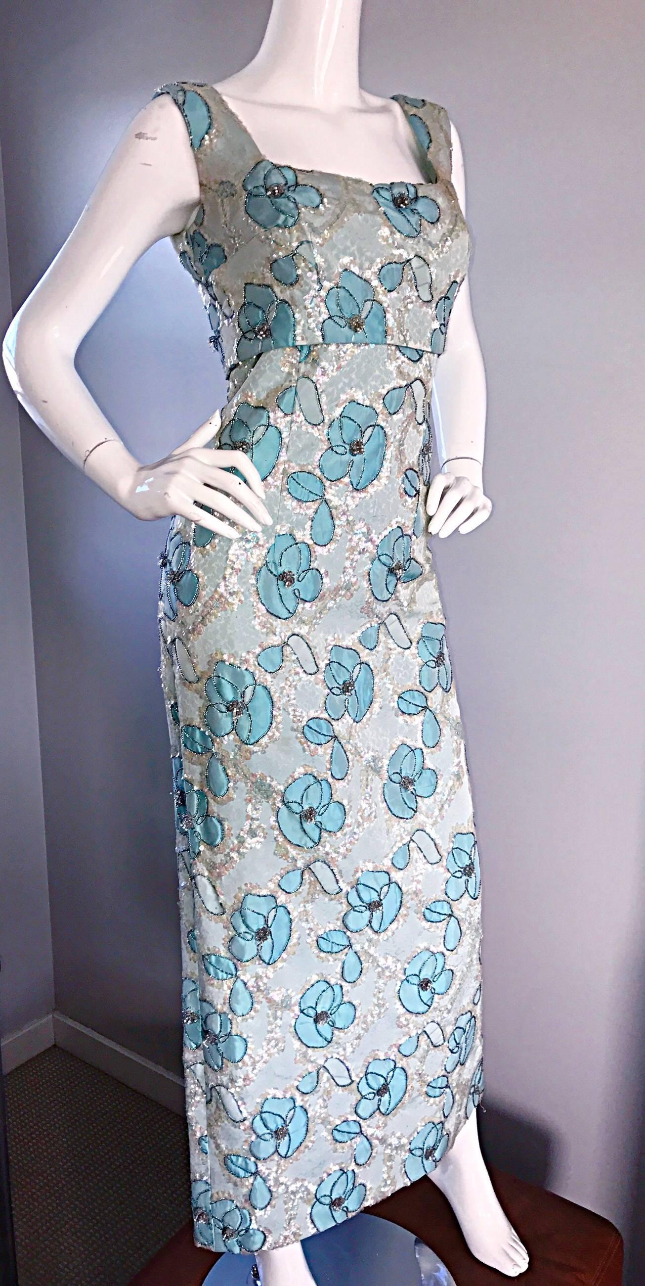 Women's Beautiful 1960s Bain's Demi Couture Vintage 60s Turquoise Silk Evening Gown 