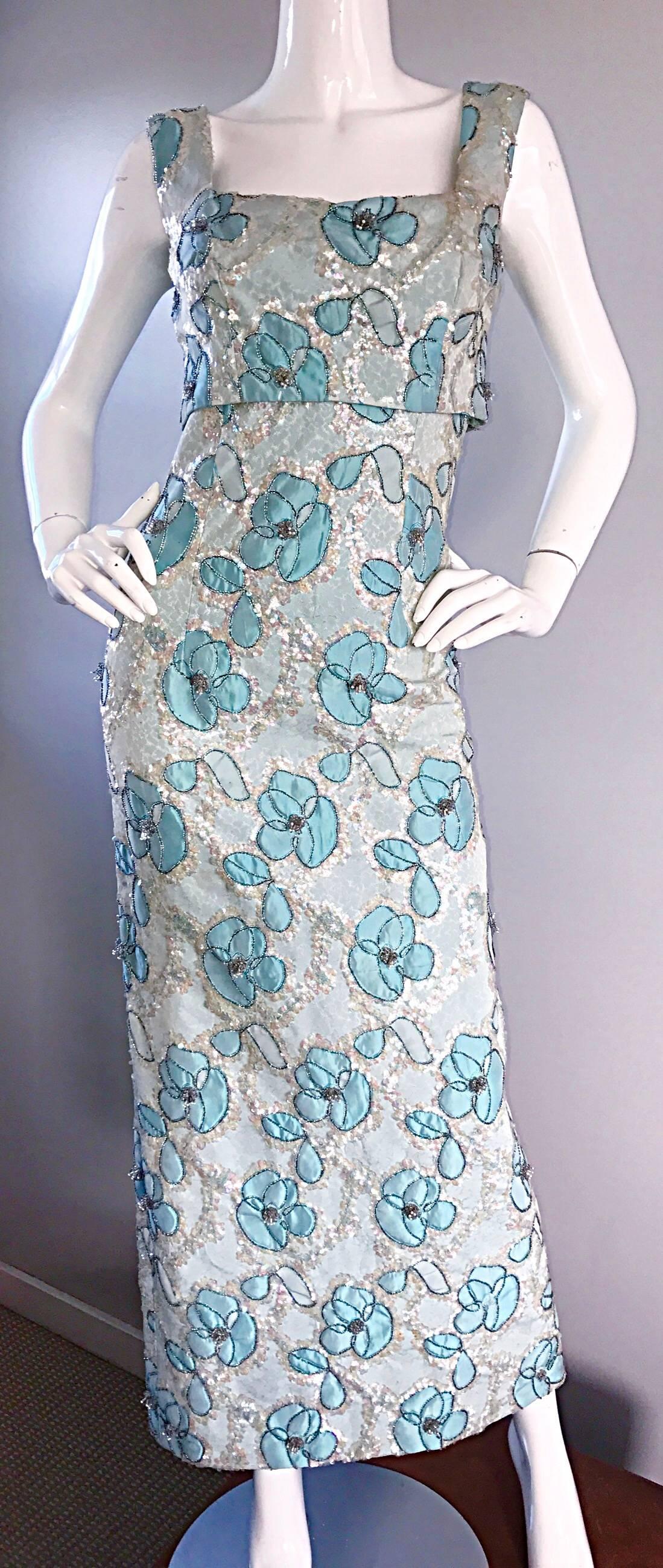 Beautiful 1960s Bain's Demi Couture Vintage 60s Turquoise Silk Evening Gown  In Excellent Condition In San Diego, CA