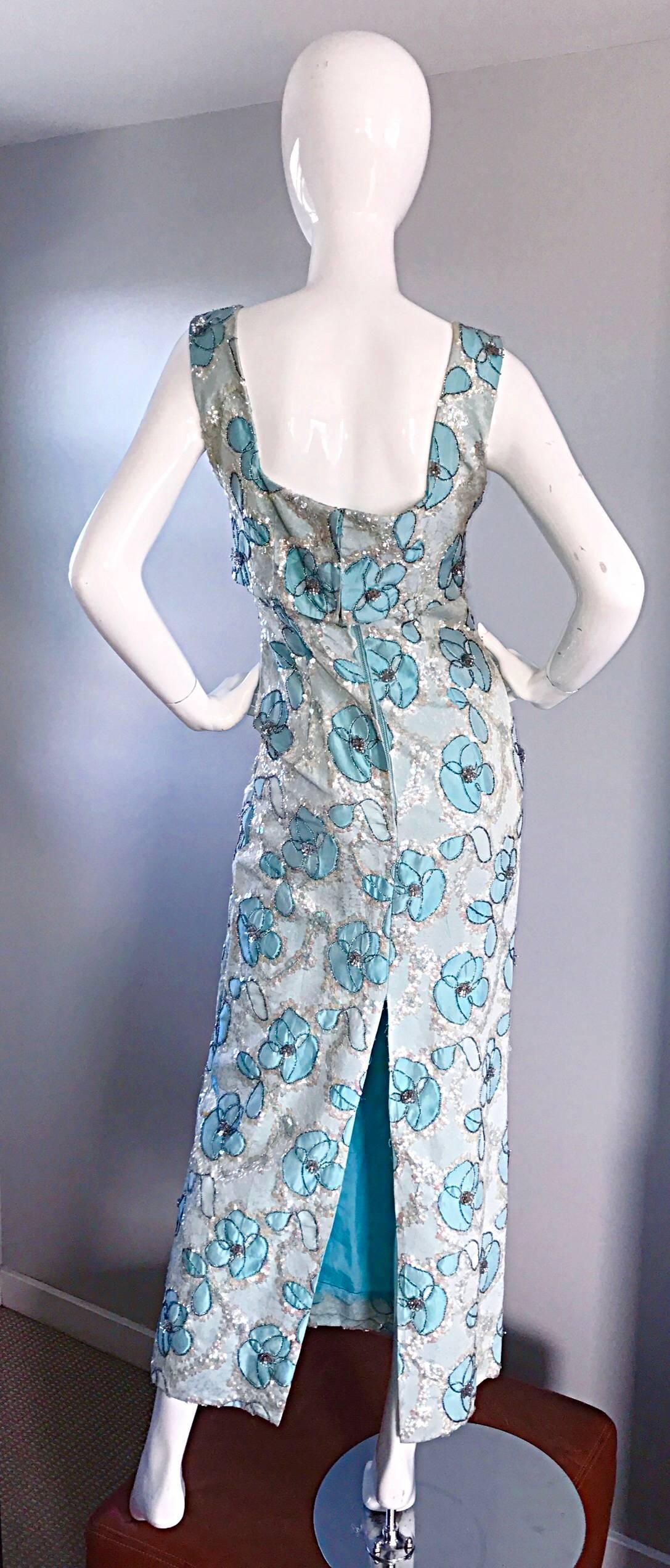 Beautiful 1960s Bain's Demi Couture Vintage 60s Turquoise Silk Evening Gown  1