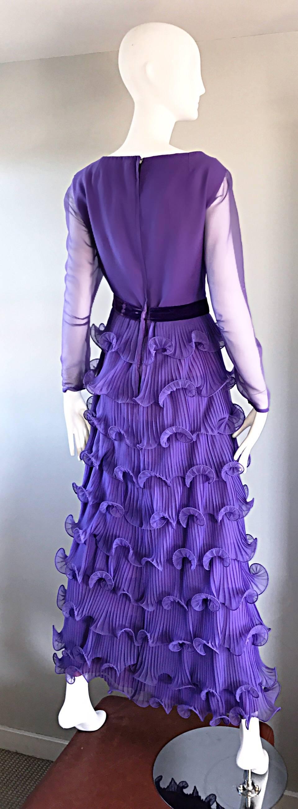 Women's Chic 1970s ELLIETTE LEWIS Lavender Purple Chiffon Long Sleeve Regal Maxi Dress