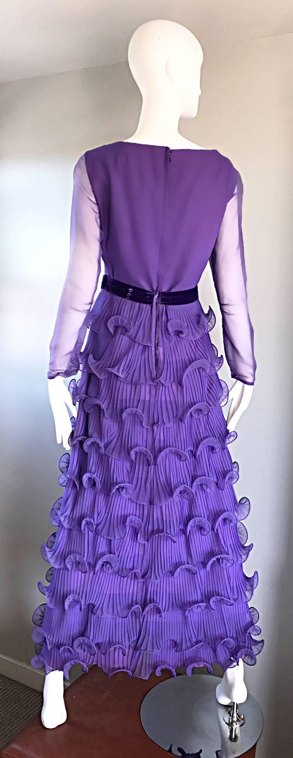 Chic 1970s ELLIETTE LEWIS Lavender Purple Chiffon Long Sleeve Regal Maxi Dress 1