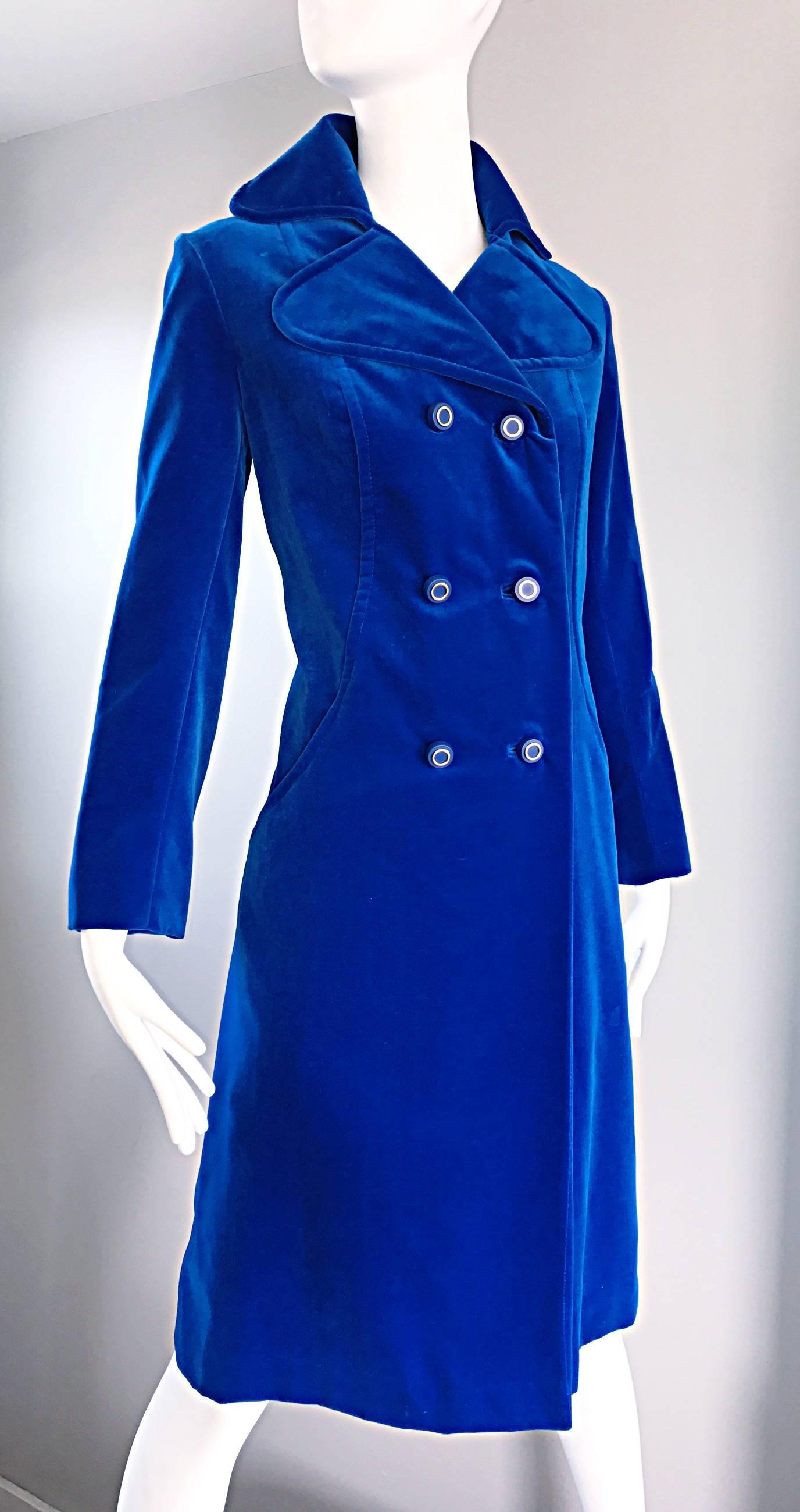 1960s Surrey Classics Cerulean Royal Blue Velvet Double Breasted Jacket Coat  1