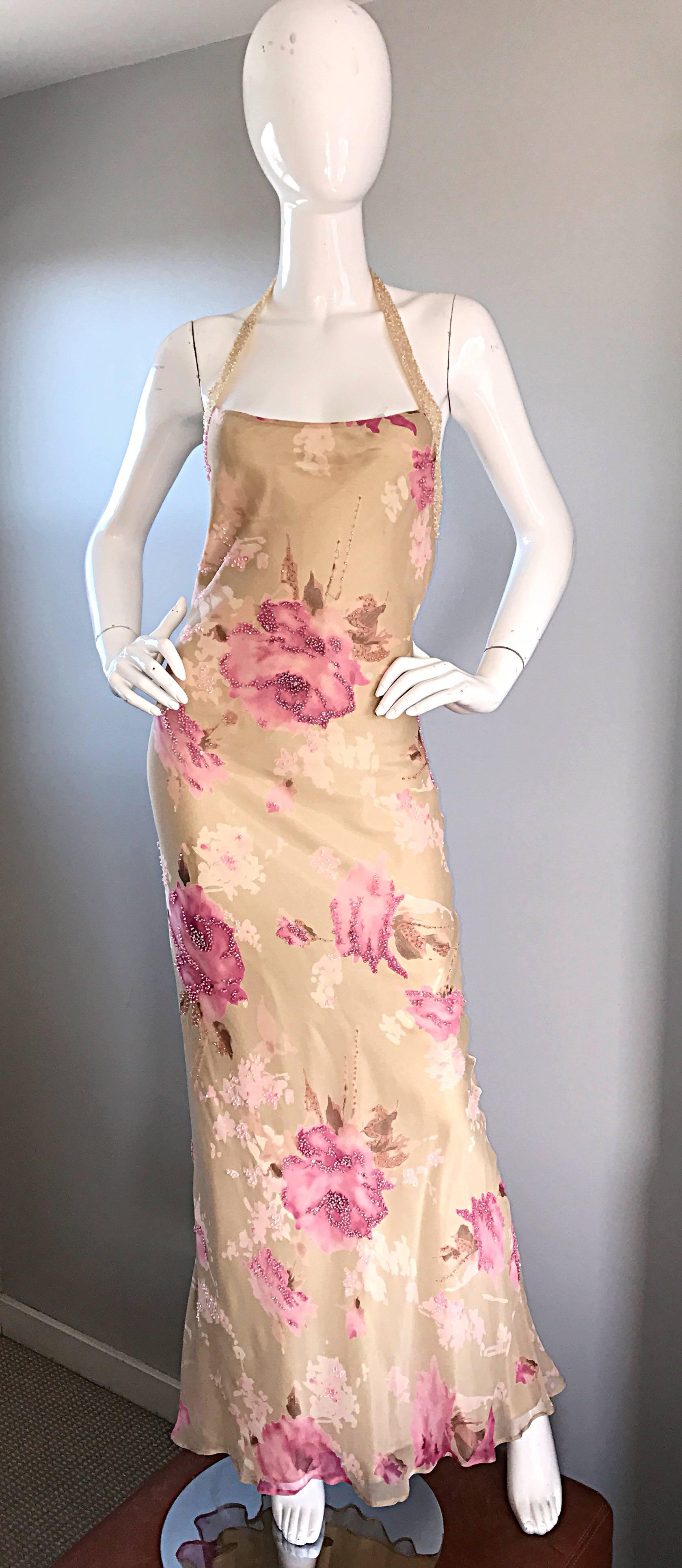 Beautiful vintage 90s BOB MACKIE silk chiffon flirty full length halter evening dress! Features the softest silk chiffon, that floats when on the body, in a nude gold color, with pretty prints of pink roses and flowers throughout. Hundreds of