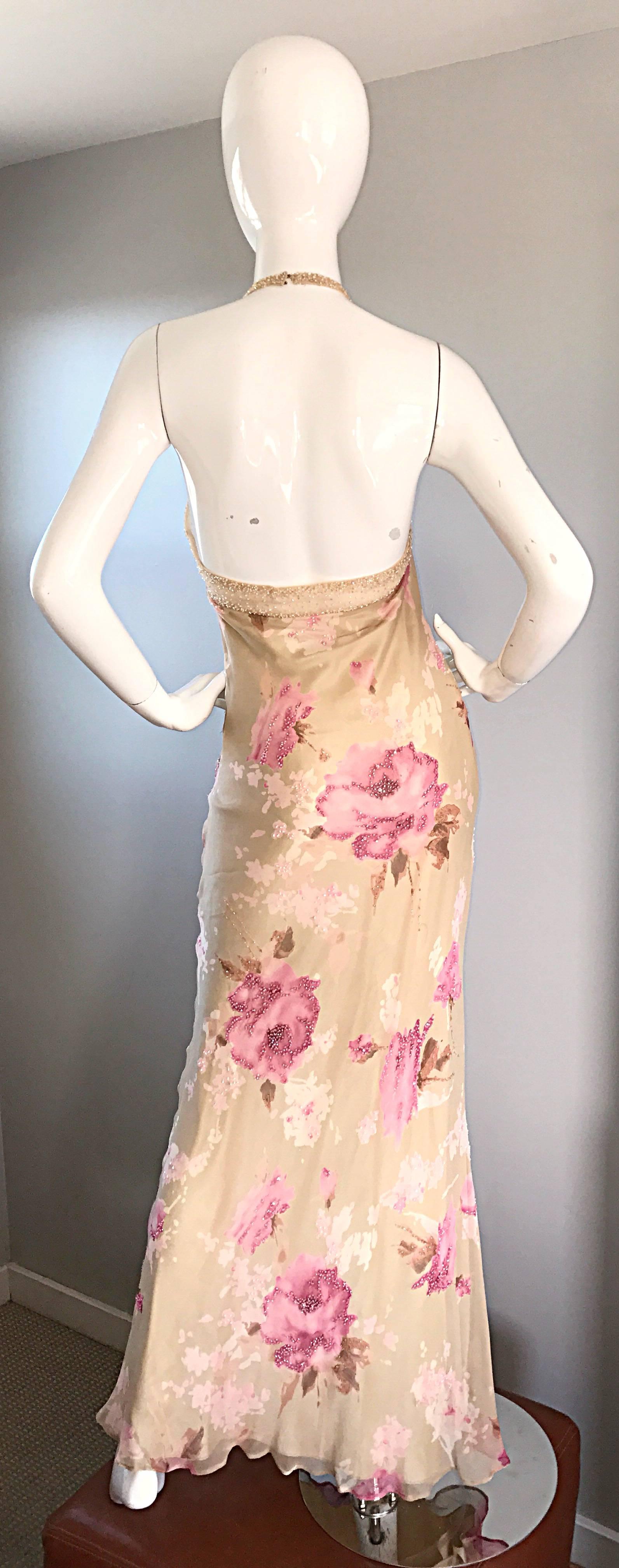 Gorgeous Vintage Bob Mackie Silk Chiffon Beaded Nude Gold Pink 1990s Gown Size 8 In Excellent Condition In San Diego, CA