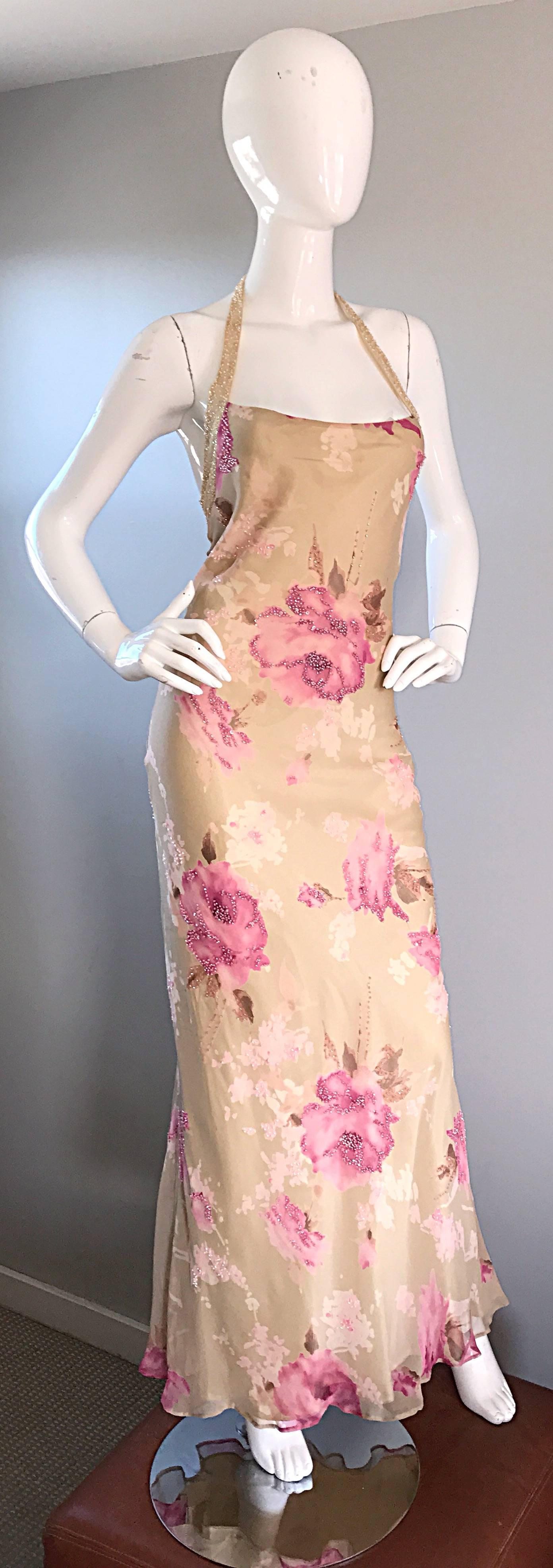 Women's Gorgeous Vintage Bob Mackie Silk Chiffon Beaded Nude Gold Pink 1990s Gown Size 8
