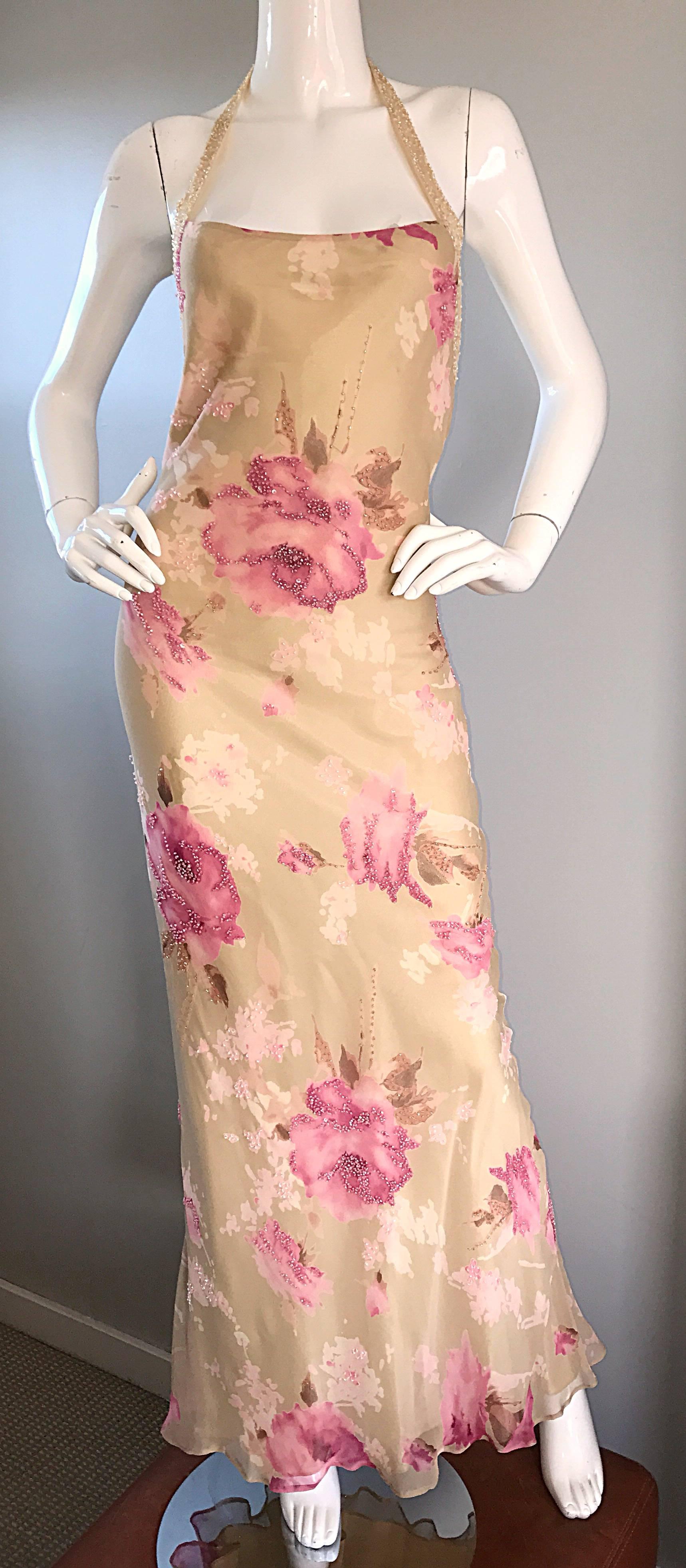 Gorgeous Vintage Bob Mackie Silk Chiffon Beaded Nude Gold Pink 1990s Gown Size 8 1