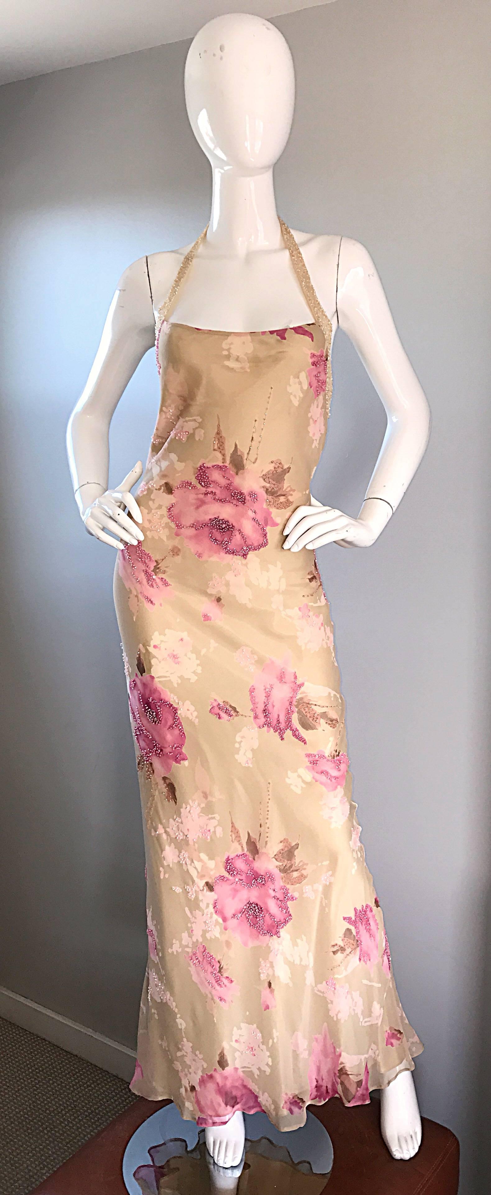 Gorgeous Vintage Bob Mackie Silk Chiffon Beaded Nude Gold Pink 1990s Gown Size 8 3