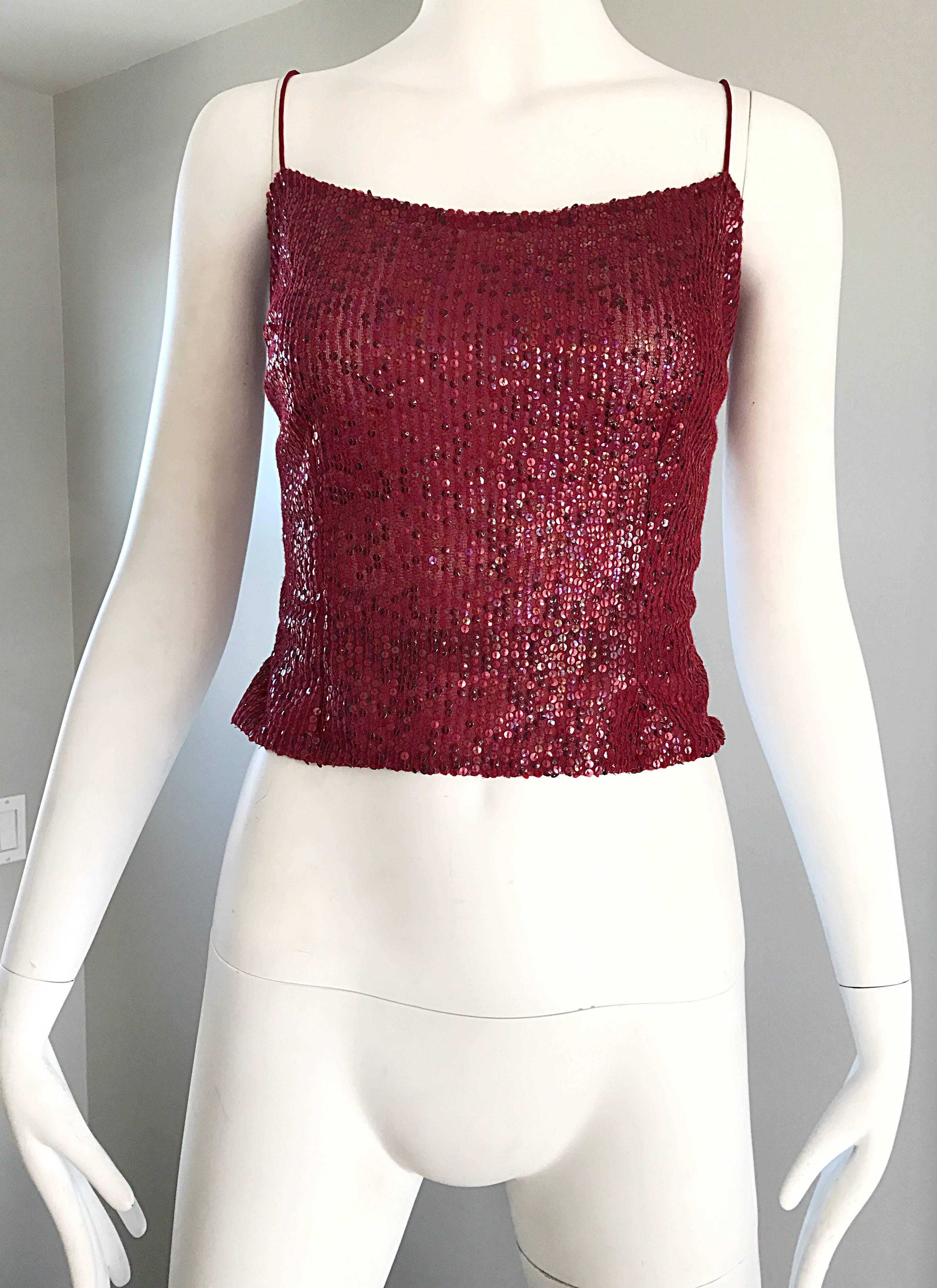 Vintage Liancarlo 1990s Red Wine Colored Fully Sequined Silk 90s Top Blouse In Excellent Condition In San Diego, CA