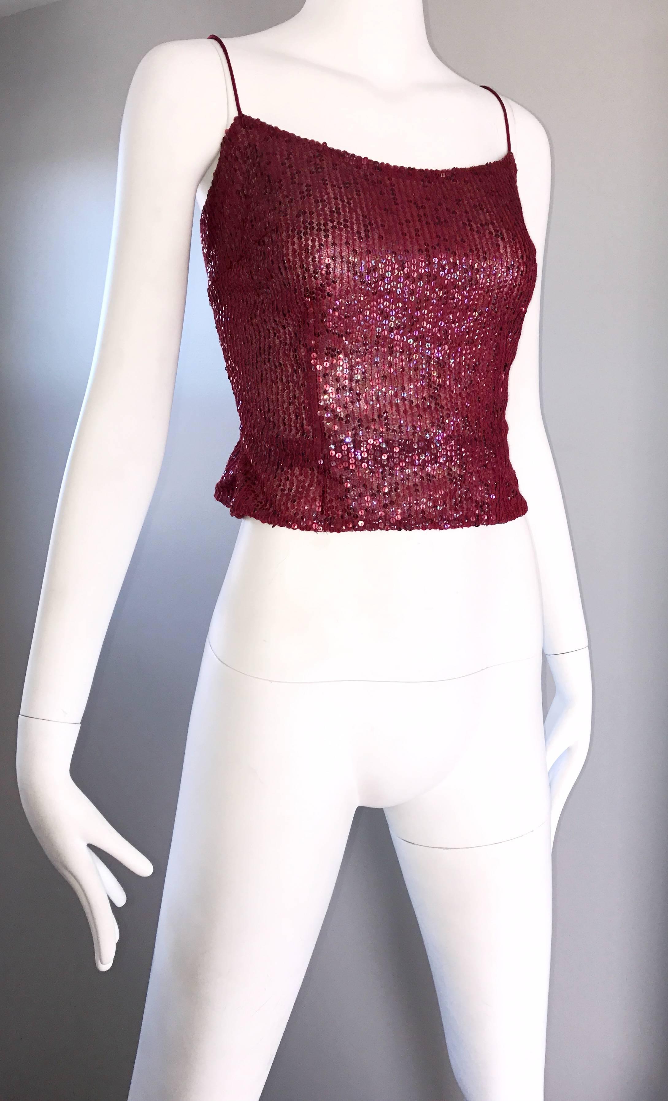 Women's Vintage Liancarlo 1990s Red Wine Colored Fully Sequined Silk 90s Top Blouse