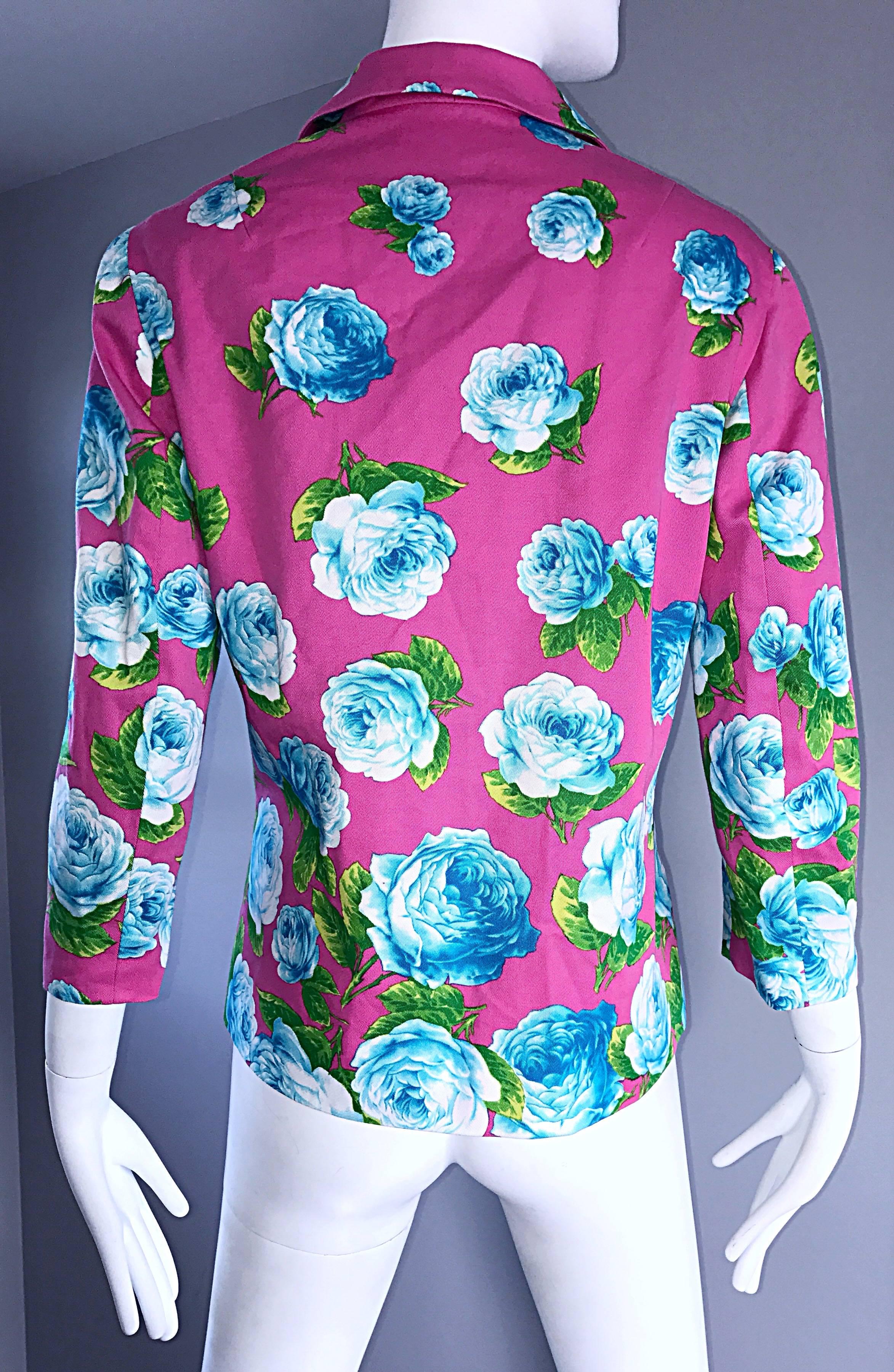 Women's Vintage Gianni Versace 1990s Hot Pink Blue Green 3/4 Sleeves Roses Blazer Jacket
