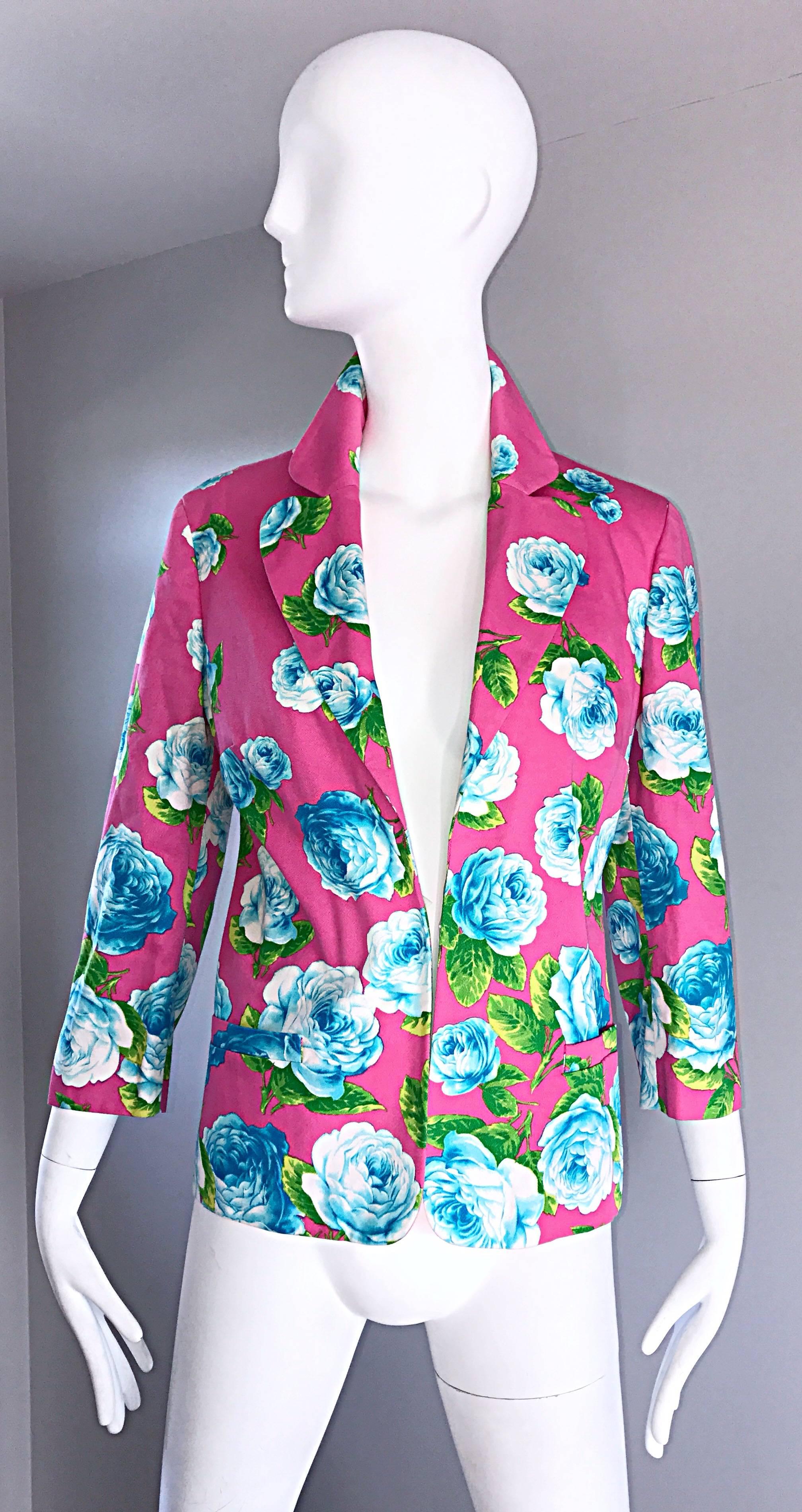 Vintage Gianni Versace 1990s Hot Pink Blue Green 3/4 Sleeves Roses Blazer Jacket 1