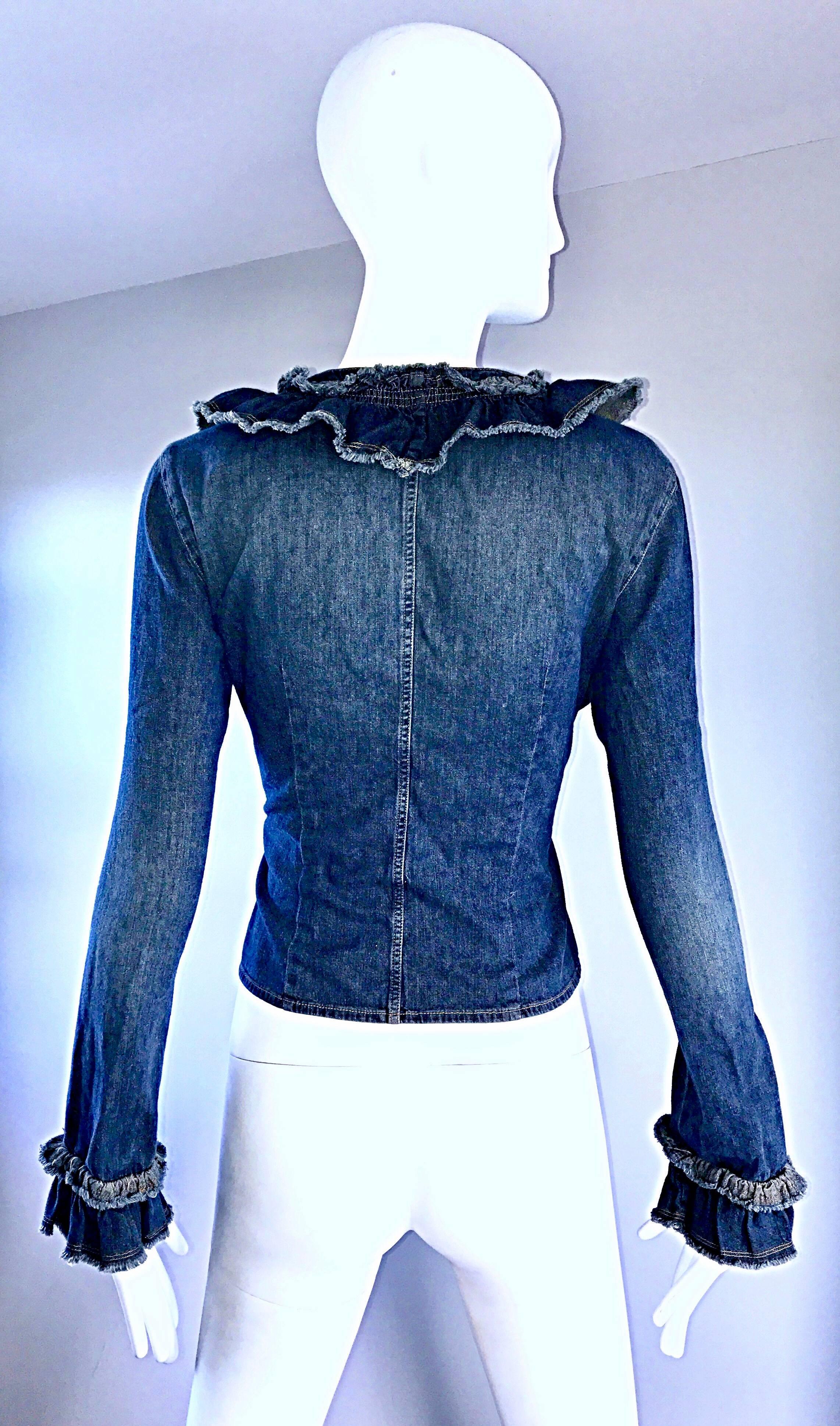 Women's Vintage Moschino Size 10 Blue Jean Denim 1990s Fabulous 90s Ruffle Shirt Jacket For Sale