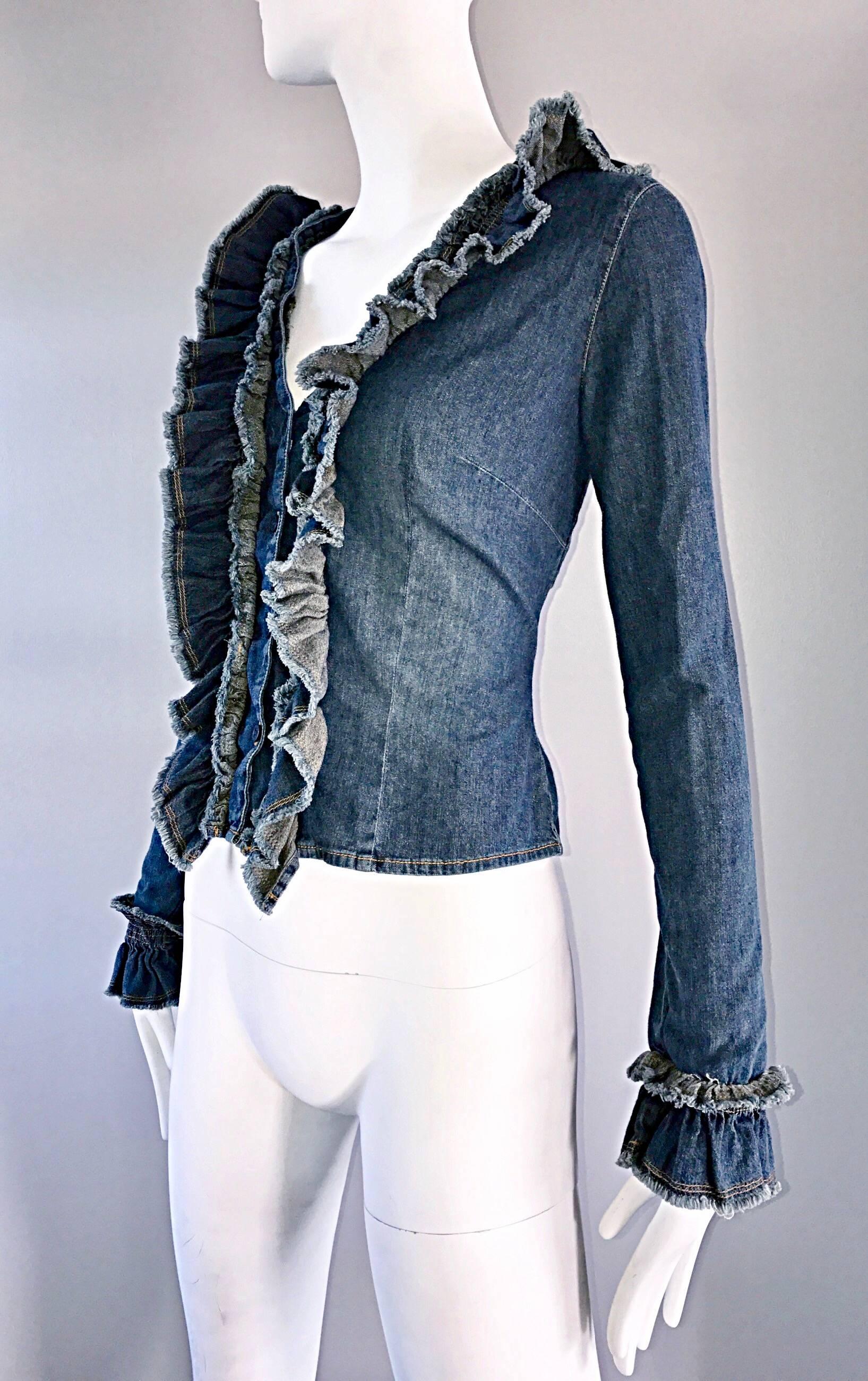 Vintage Moschino Size 10 Blue Jean Denim 1990s Fabulous 90s Ruffle Shirt Jacket For Sale 2