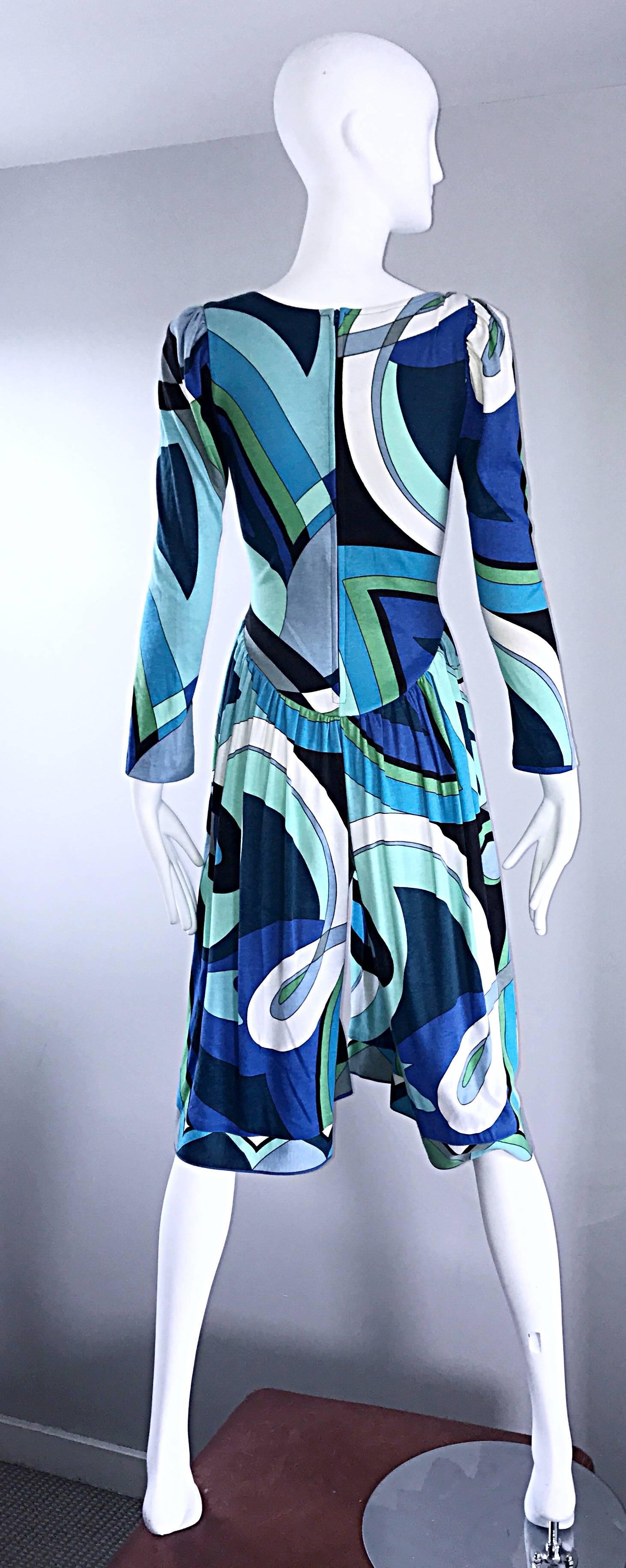 Amazing Vintage 1990s Pucci - esque Kaleidoscope Blue + Green Culottes Jumpsuit  In Excellent Condition In San Diego, CA