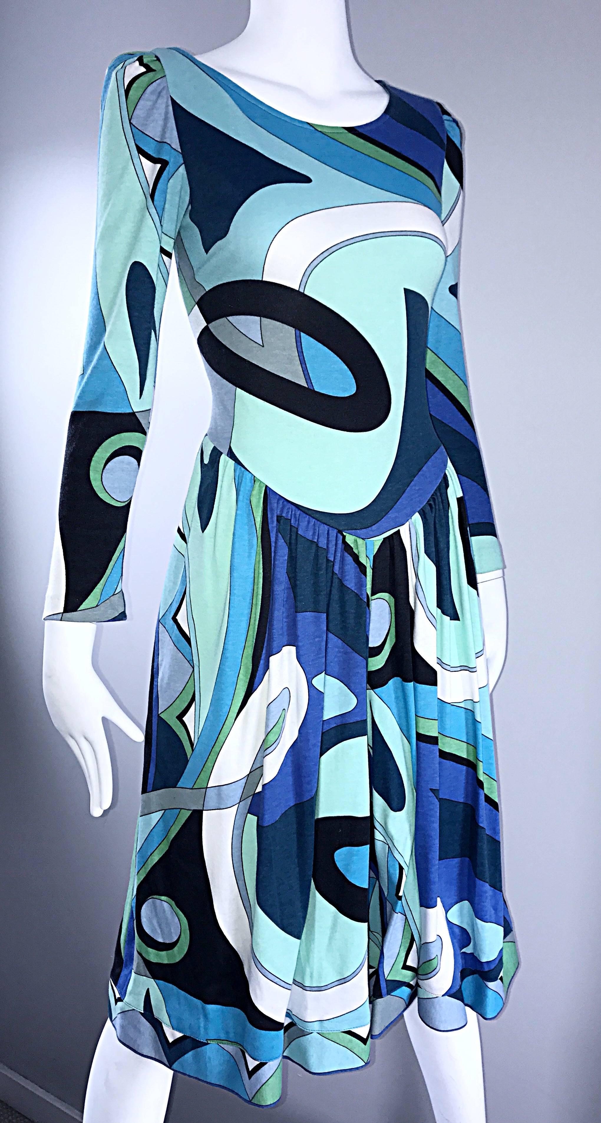 Amazing Vintage 1990s Pucci - esque Kaleidoscope Blue + Green Culottes Jumpsuit  2