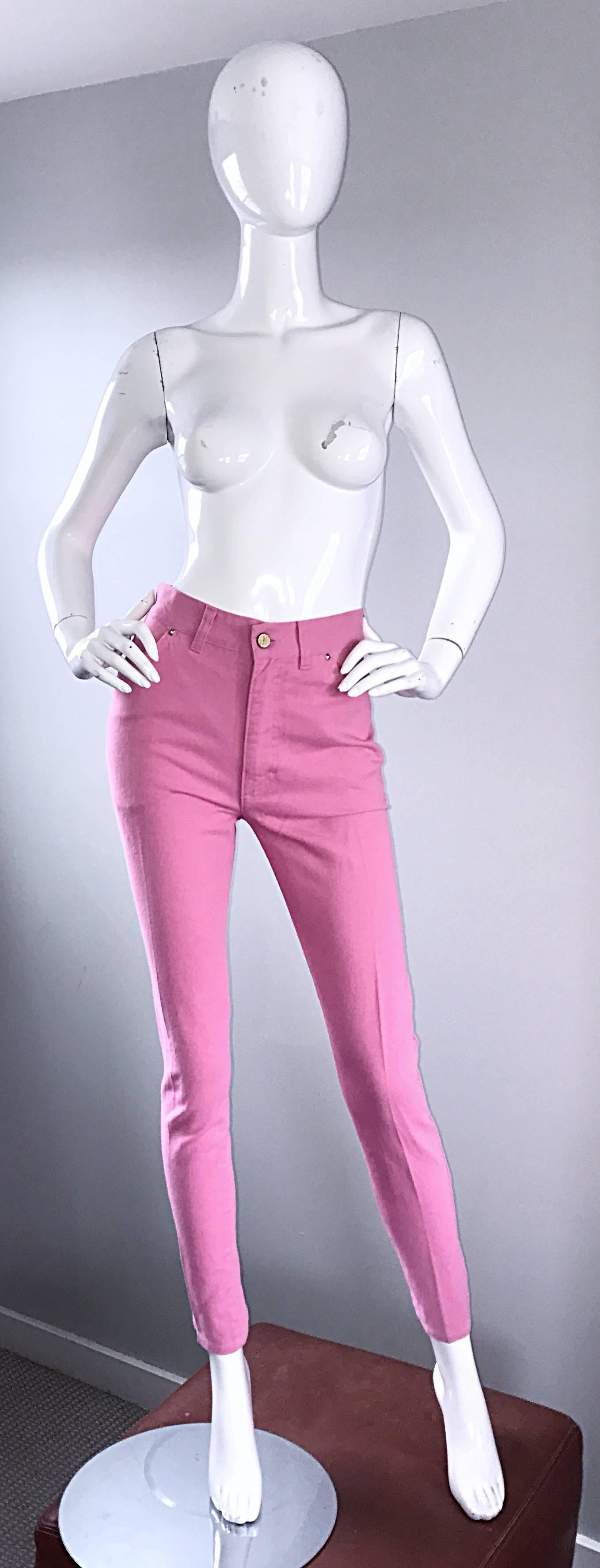 Awesome vintage early 90s ESCADA by MARGARETHA LEY bubblegum pink high waisted skinny blue jeans! Super soft cotton denim features a slight stretch, but not too much. Pockets at each side of the waist, and two pockets on the rear. Button closure,