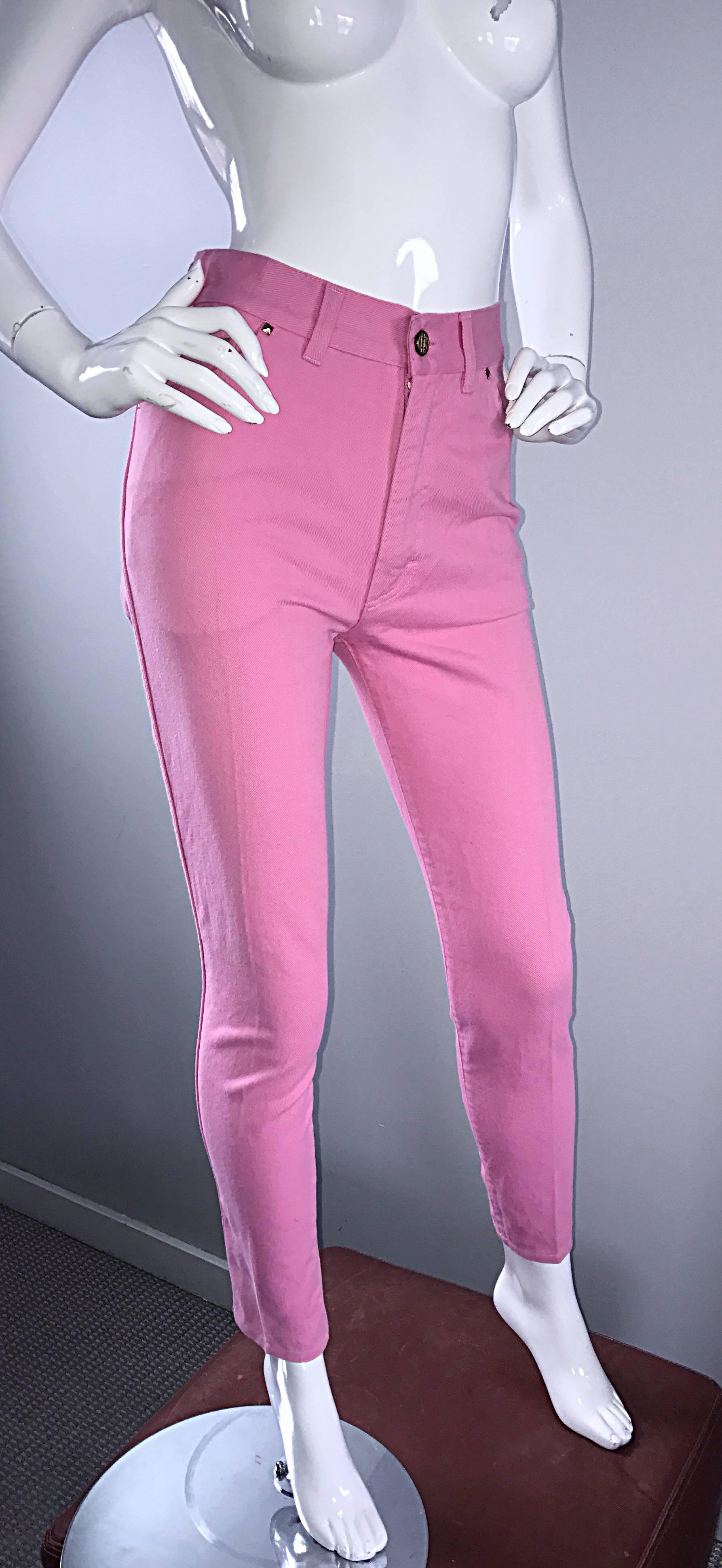 1990s Escada by Margaretha Ley Bubblegum Pink High Waisted Skinny Vintage Jeans  For Sale 1