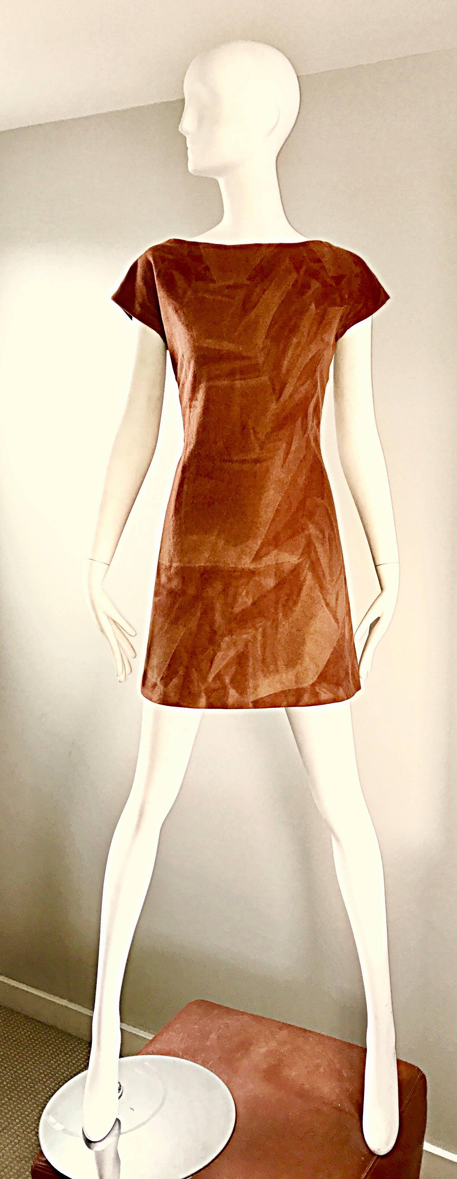 Rare and so chic vintage 1960s early FENDI by KARL LAGERFELD rust and brown colored virgin wool A-Line shift dress! From the hard to find Fendissime label that Lagerfeld created in 1963 for a more fashion forward woman. Features an abstract optical