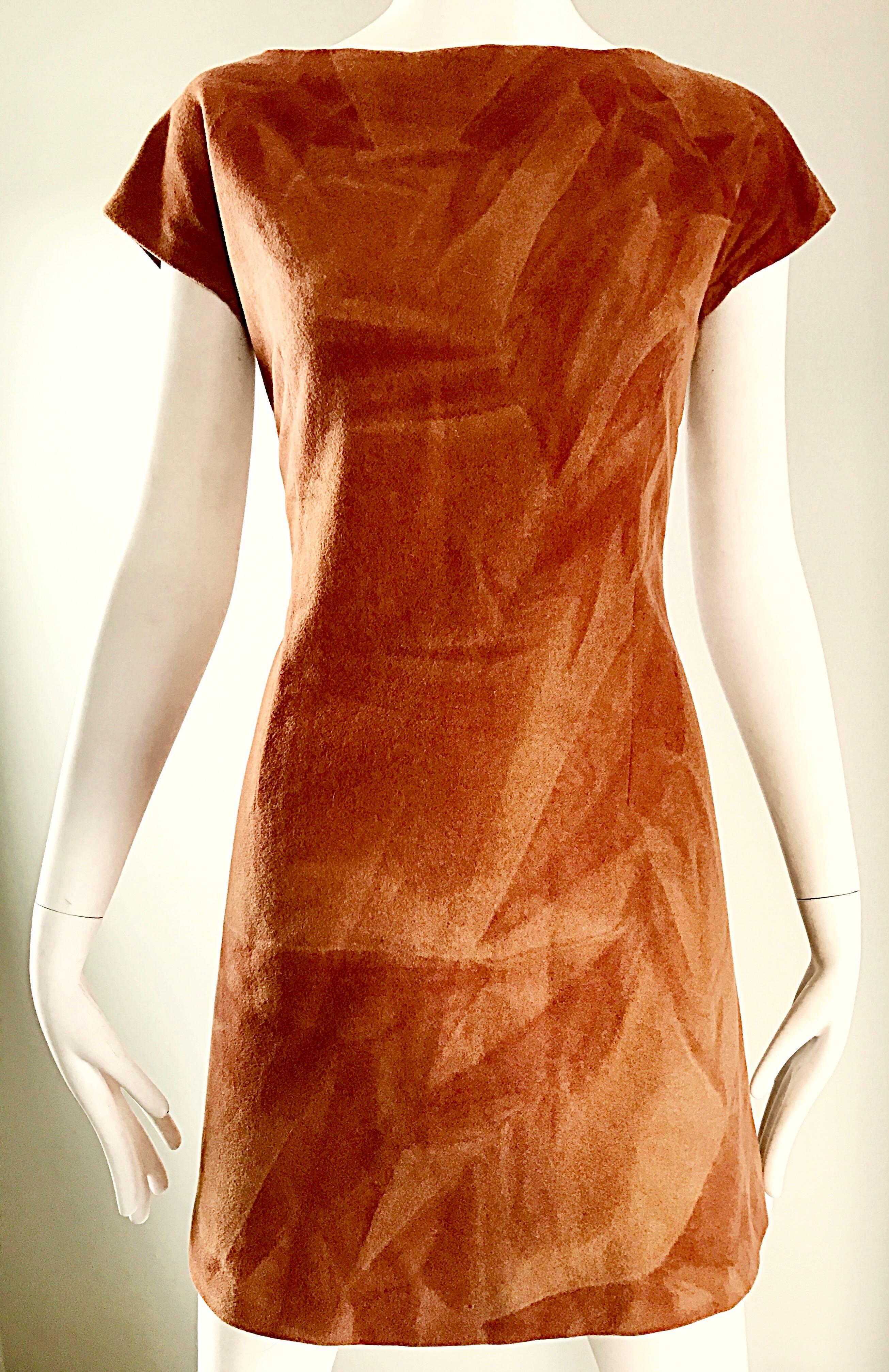 Rare 1960s Karl Lagerfeld for Fendi Rust Brown Abstract Wool A - Line 60s Dress In Excellent Condition In San Diego, CA