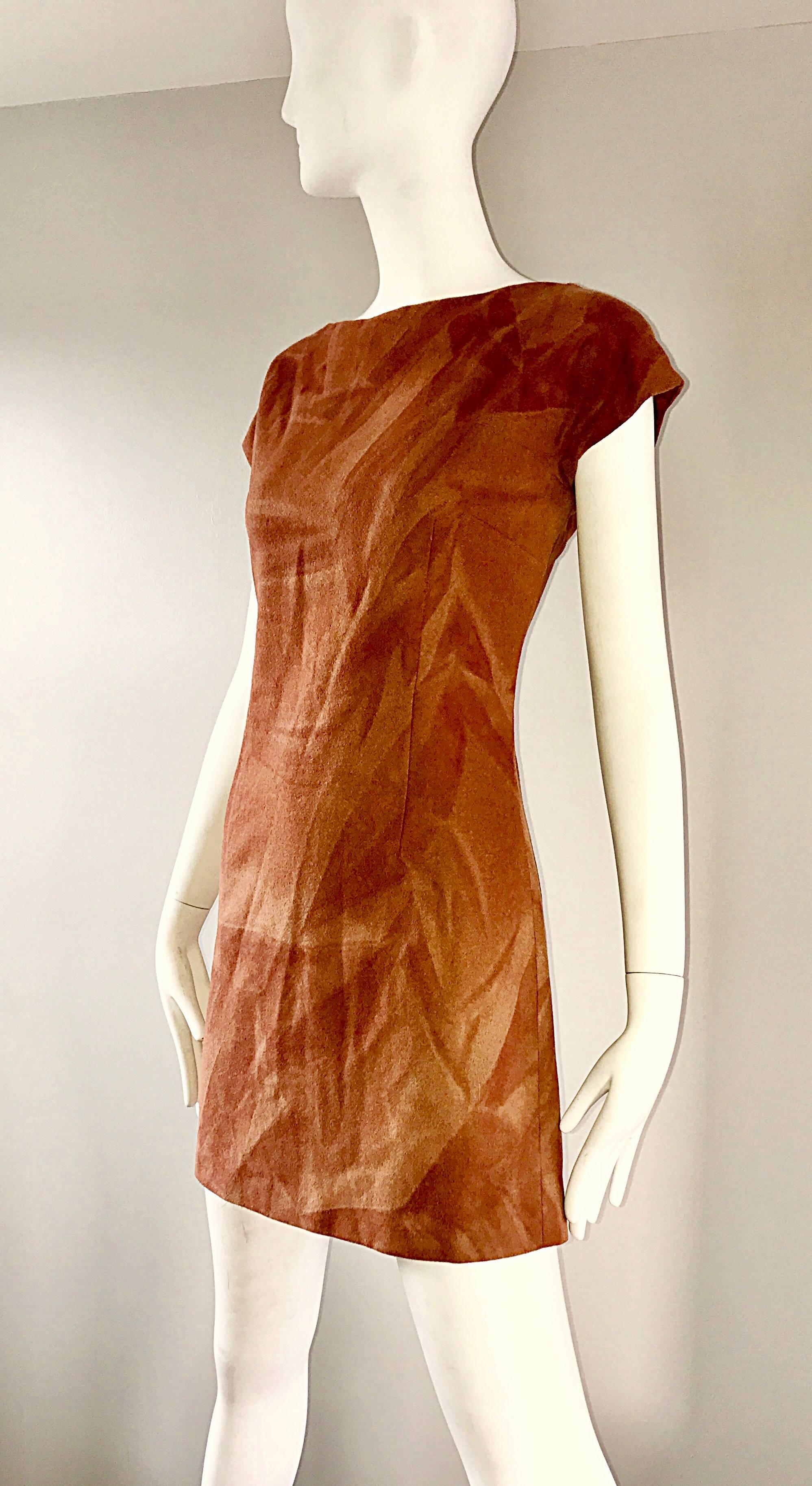 Rare 1960s Karl Lagerfeld for Fendi Rust Brown Abstract Wool A - Line 60s Dress 1
