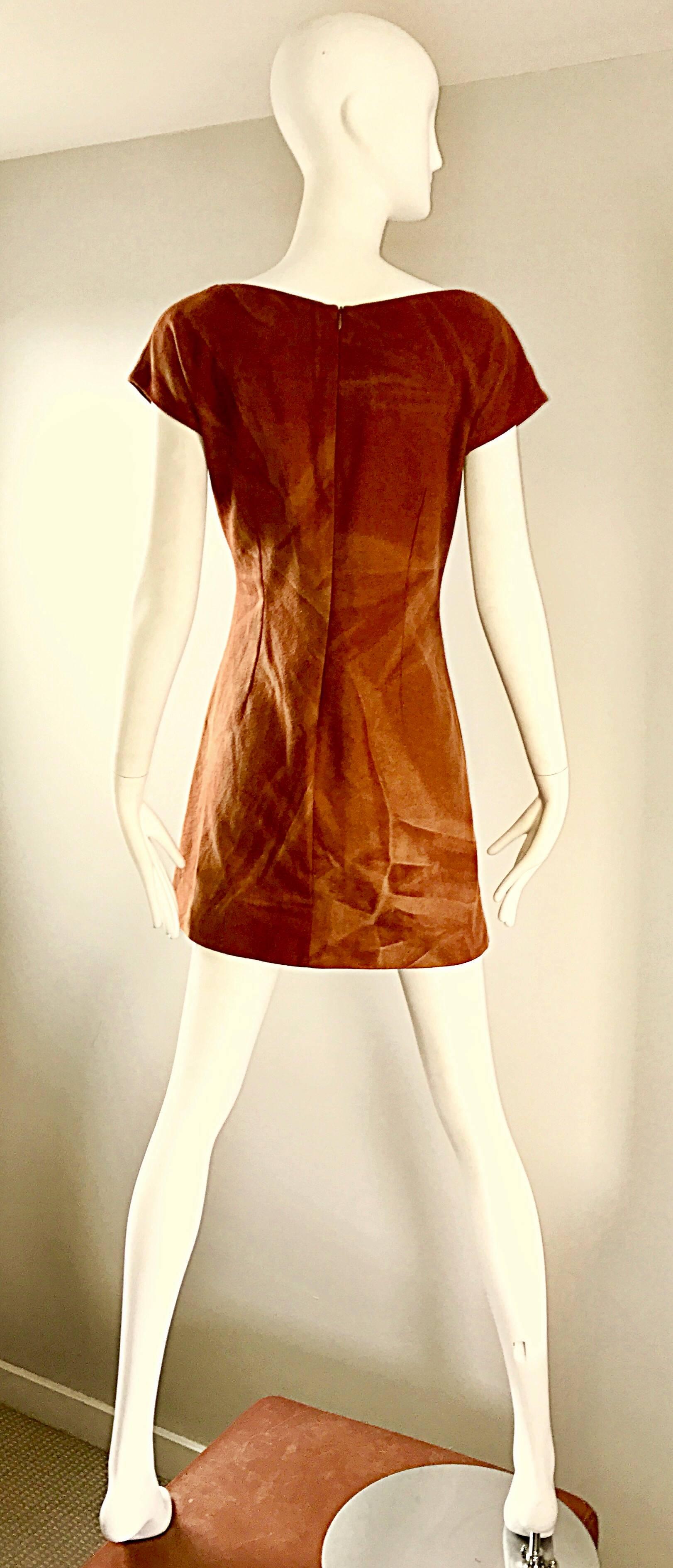 Rare 1960s Karl Lagerfeld for Fendi Rust Brown Abstract Wool A - Line 60s Dress 2