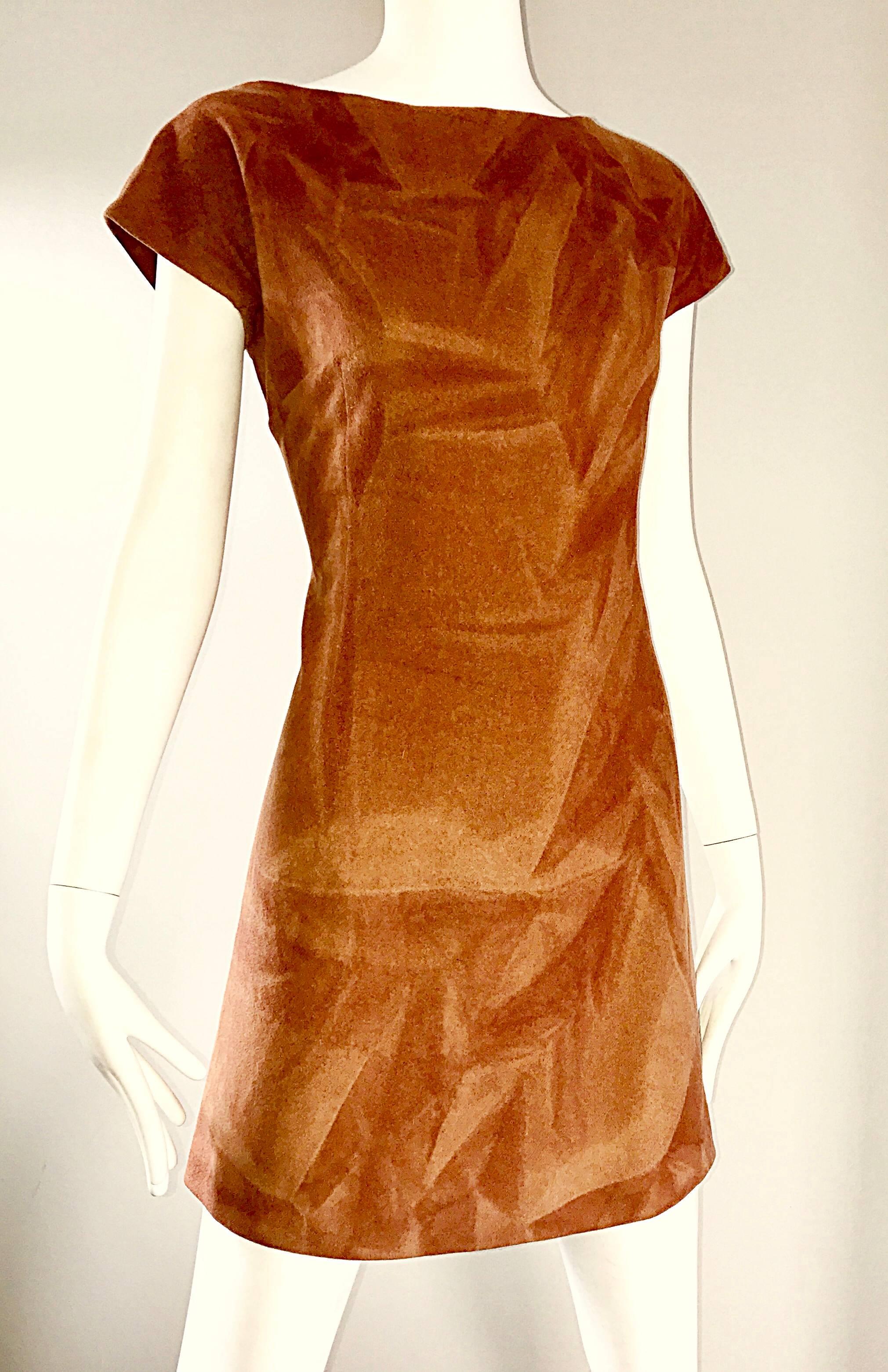 Rare 1960s Karl Lagerfeld for Fendi Rust Brown Abstract Wool A - Line 60s Dress 3