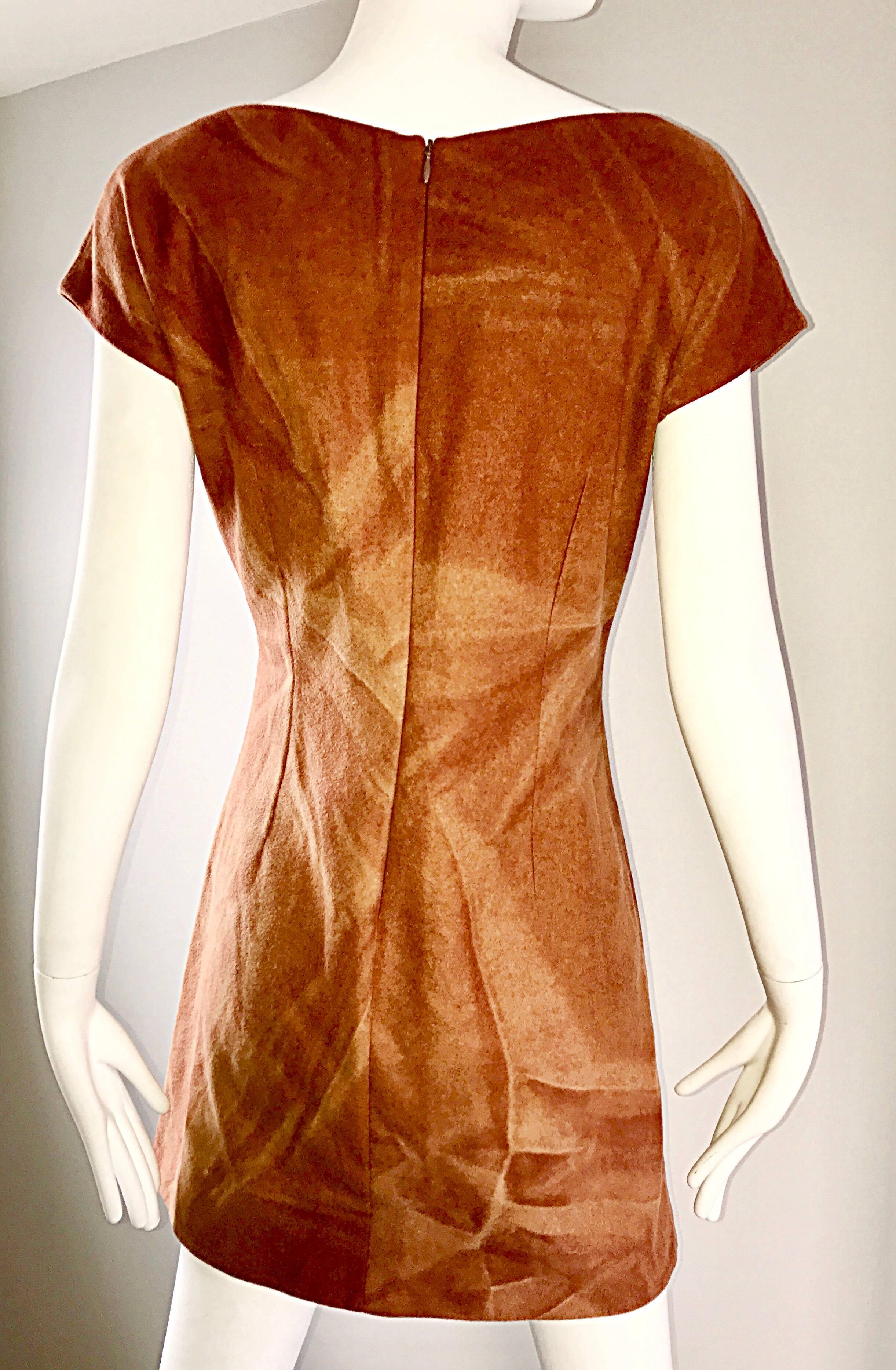 Rare 1960s Karl Lagerfeld for Fendi Rust Brown Abstract Wool A - Line 60s Dress 4