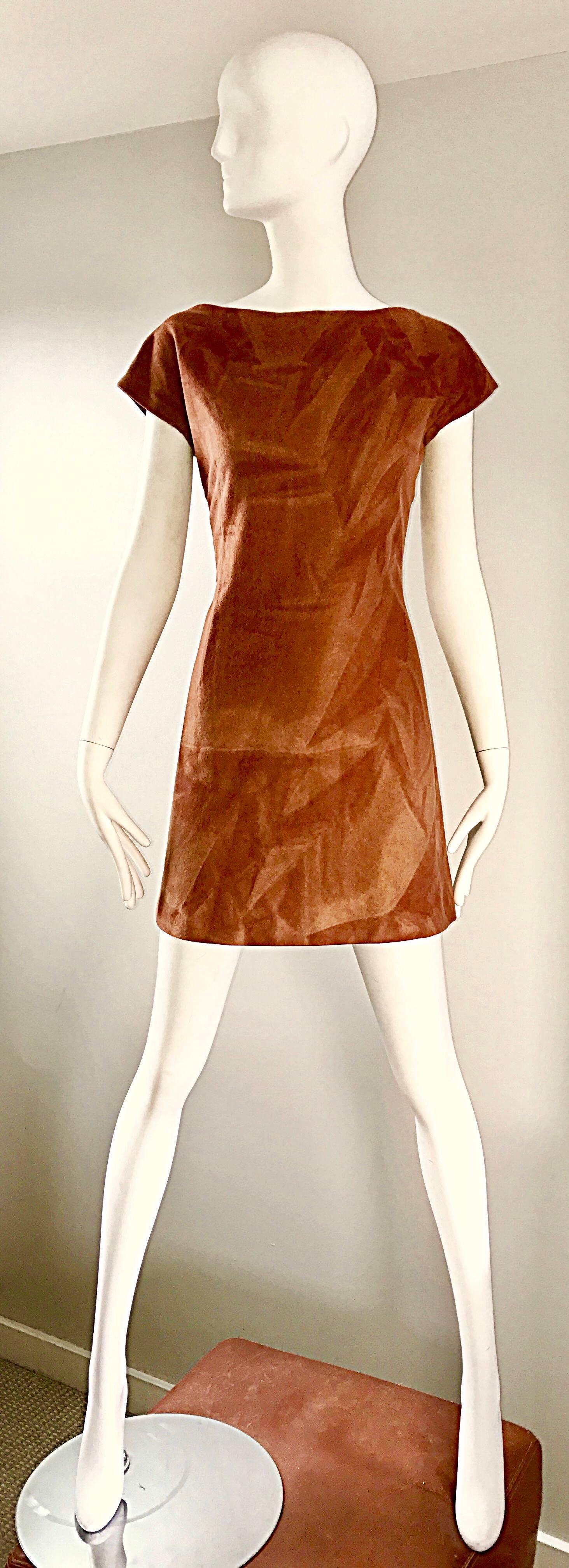Rare 1960s Karl Lagerfeld for Fendi Rust Brown Abstract Wool A - Line 60s Dress 5