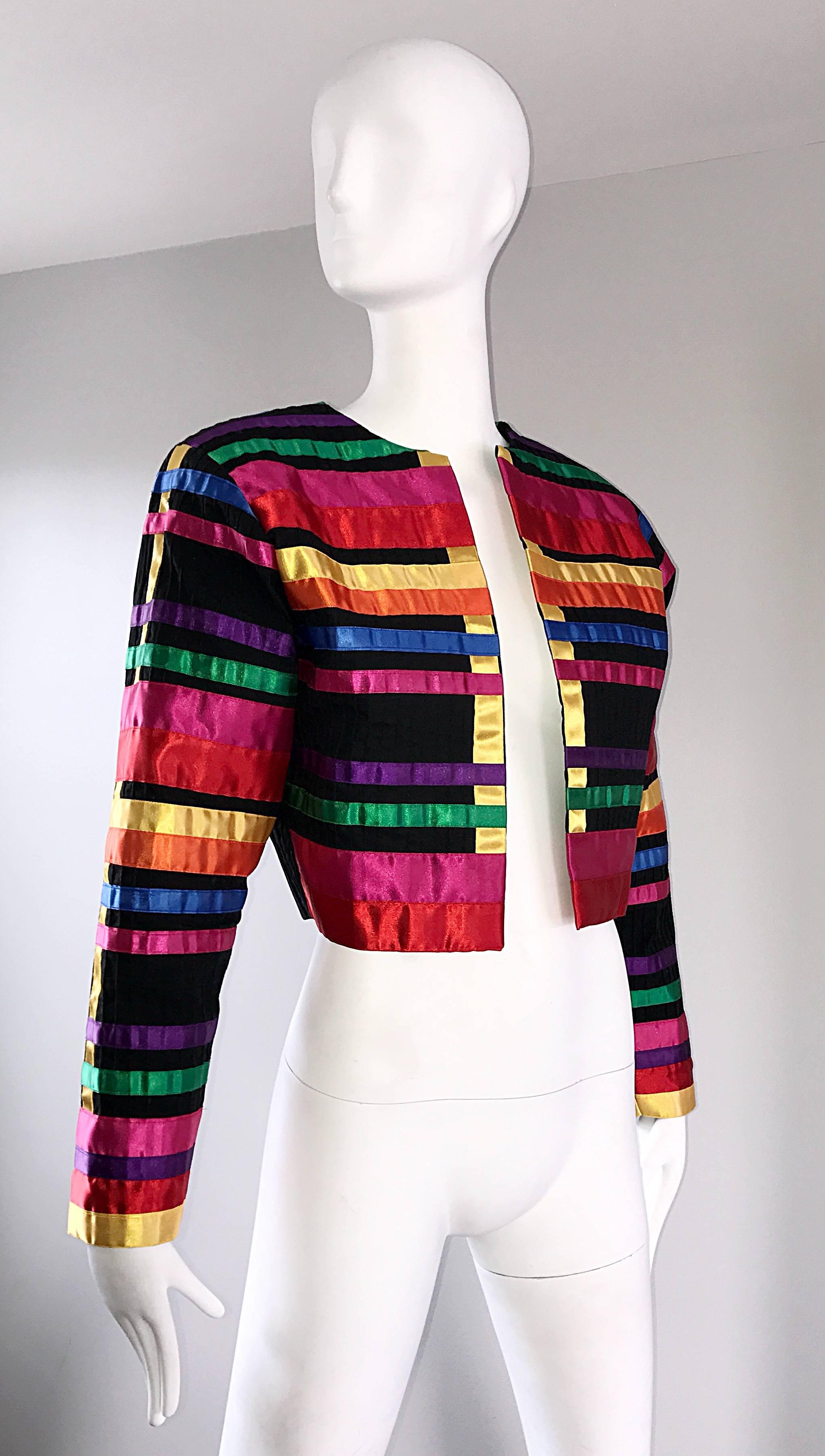 Fabulous Vintage Tachi Castillo Colorful Cotton + Silk Cropped Ribbon Jacket  In Excellent Condition In San Diego, CA
