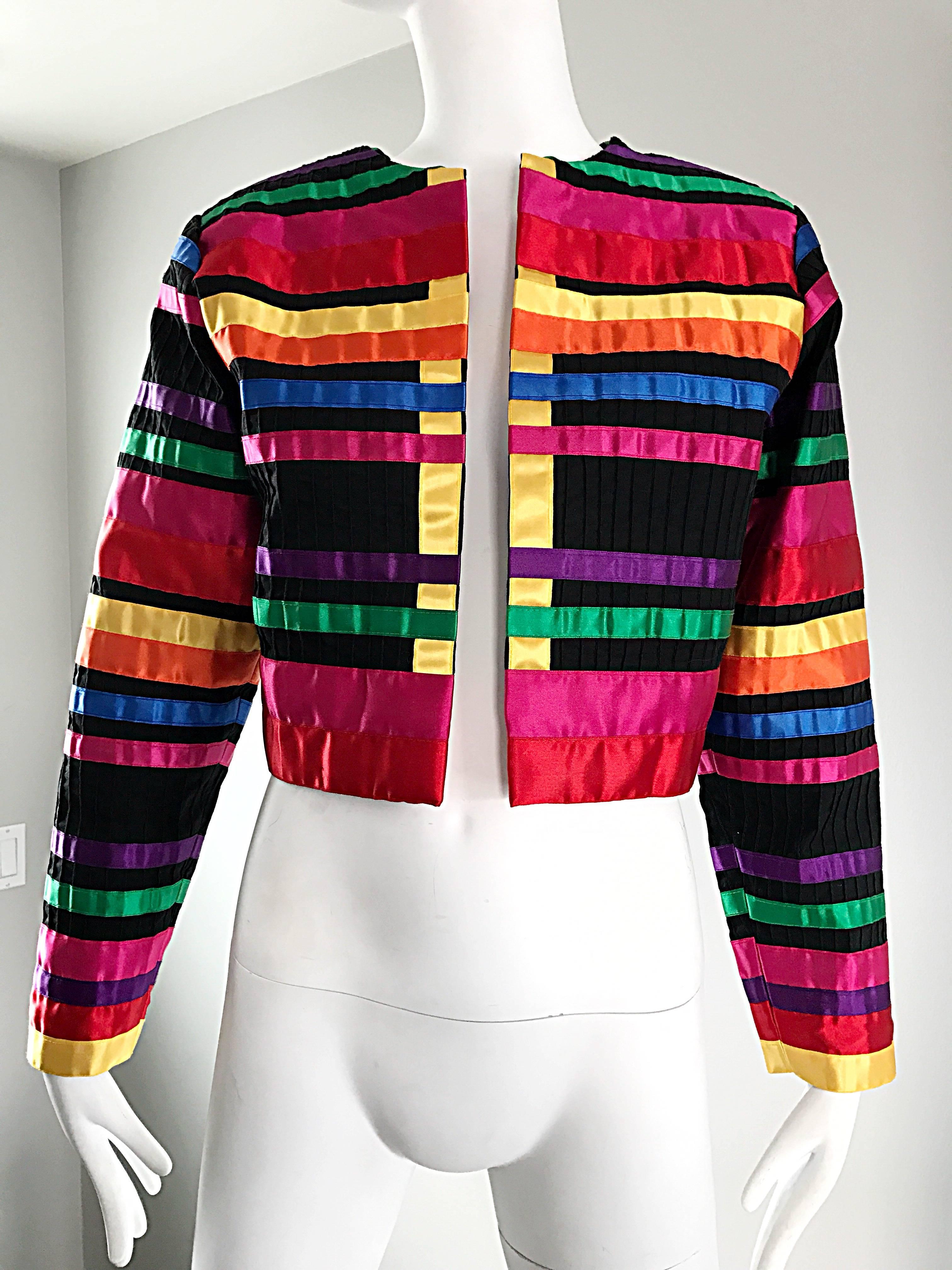 Fabulous Vintage Tachi Castillo Colorful Cotton + Silk Cropped Ribbon Jacket  1