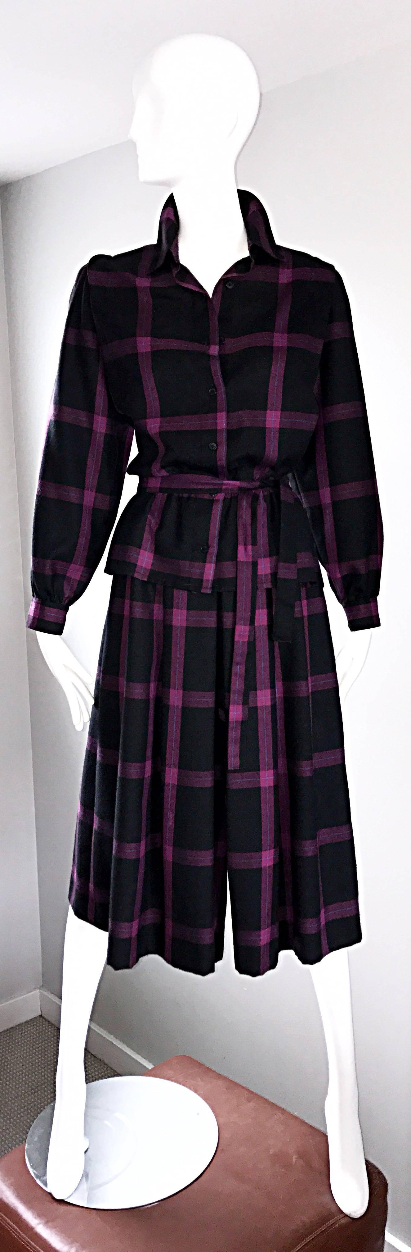 Chic vintage GUY LAROCHE virgin wool fuchsia pink and black windowpane plaid shirt, cropped wide leg culottes pants, and sash belt! Super soft wool feels amazing against the skin. Buttons up the bodice. Sleek tailored bodice features an elastic