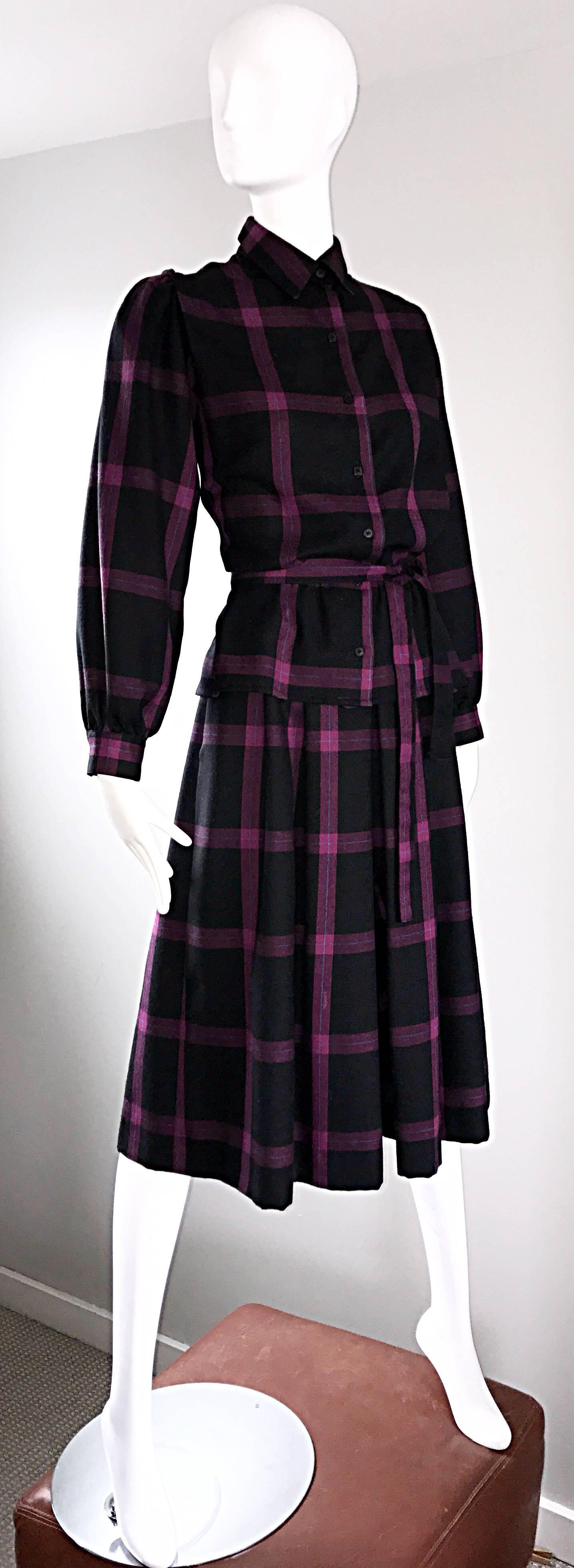 Chic Vintage Guy Laroche Fuchsia + Black Wool Shirt and Culottes Pant Suit Set In Excellent Condition In San Diego, CA
