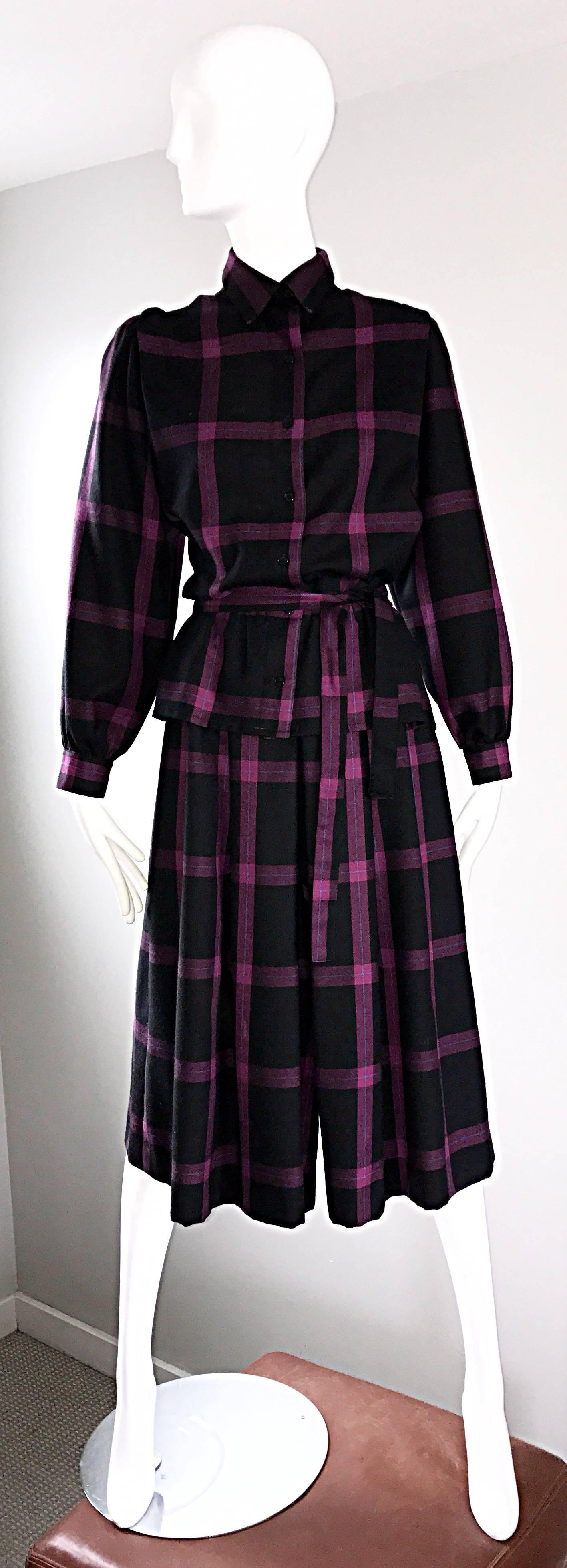 Chic Vintage Guy Laroche Fuchsia + Black Wool Shirt and Culottes Pant Suit Set 2