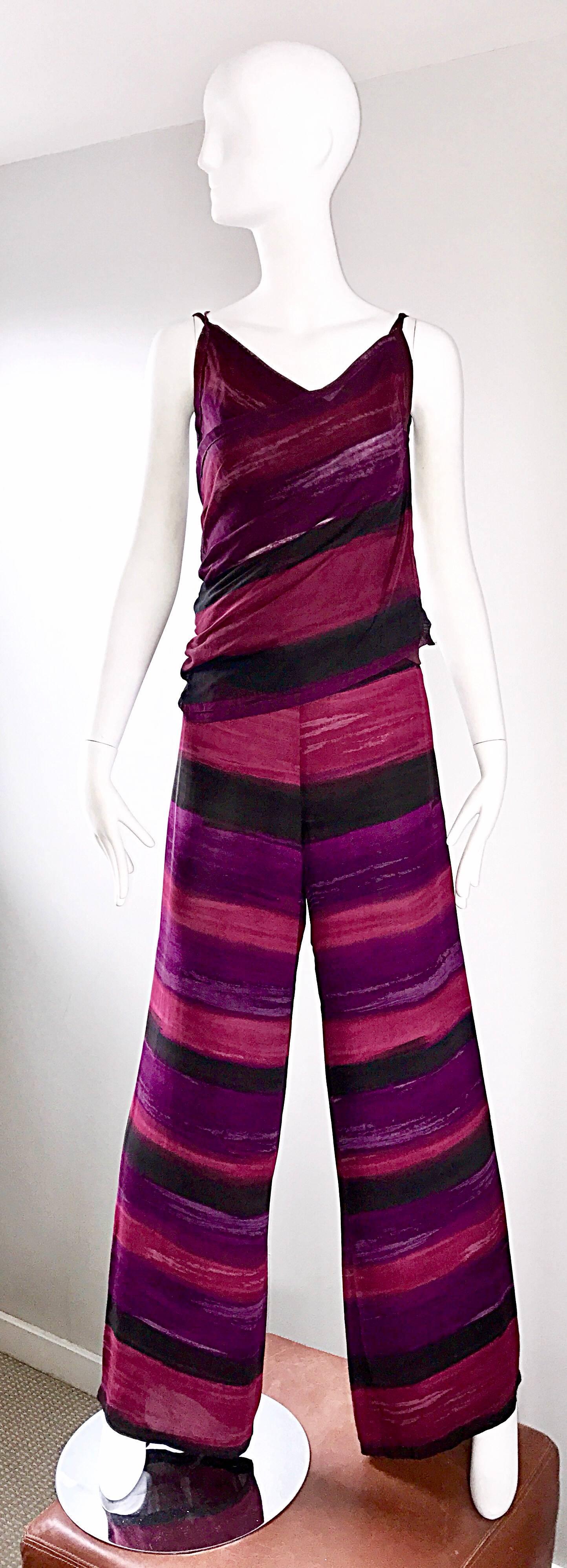 Sensational sexy vintage 90s does 1970s / 70s GIANFRANCO FERRE two piece sleeveless wrap blouse and wide leg trouser ensemble! Vibrant fuchsia pink and purple watercolor 'paintbrush' stroke stripes on an amazing soft silk jersey. Features a wrap