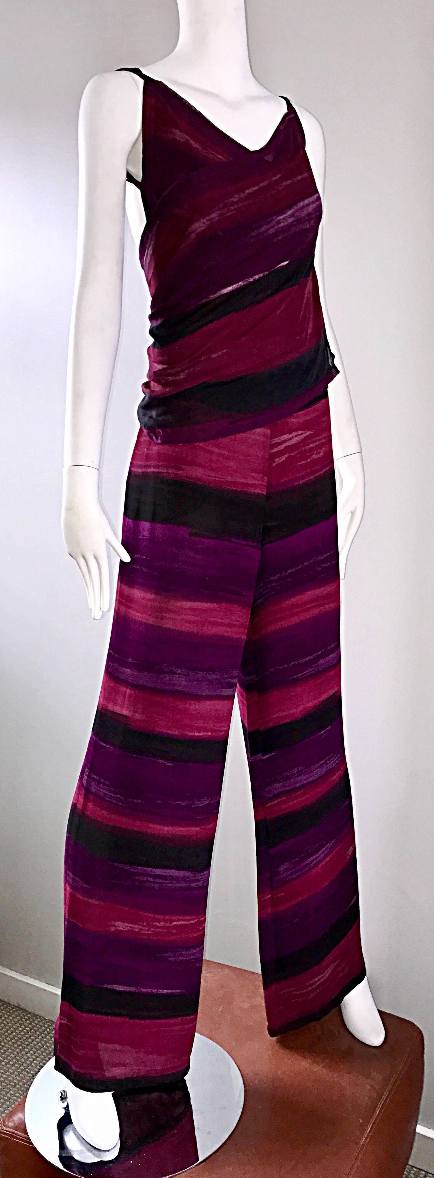 Vintage Gianfranco Ferre Amazing 1990s Purple + Pink Wrap Top and Wide Leg Pants In Excellent Condition In San Diego, CA