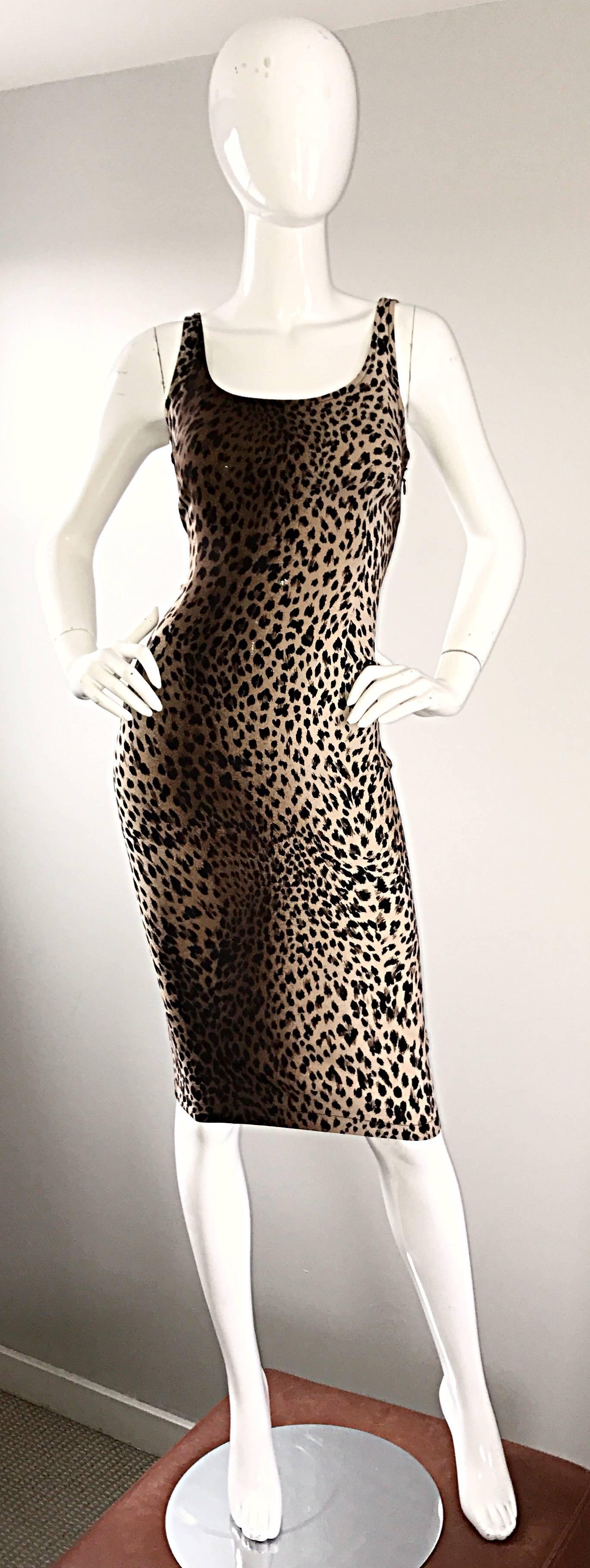 Sexy 1990s MOSCHINO leopard / cheetah ombré print bodcon dress! Soft rayon jersey hugs the body in all the right places. Features a tan, gray, brown, nude and black print that fades into lighter and darker prints. Hidden zipper up the side. Such a