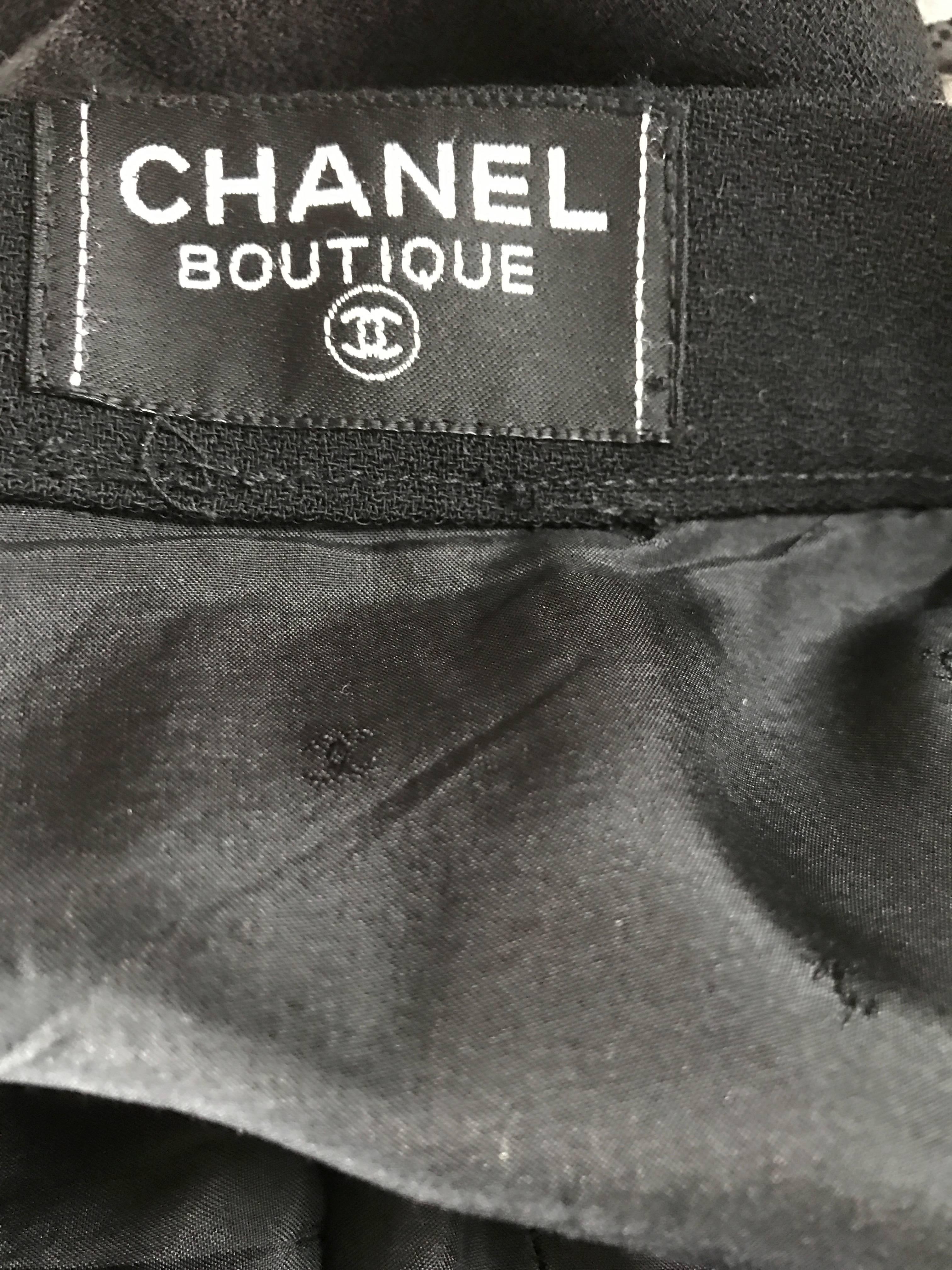Vintage Chanel Black Wool High Waisted 90s Bodycon Pencil Skirt Gold CC Buttons For Sale 2