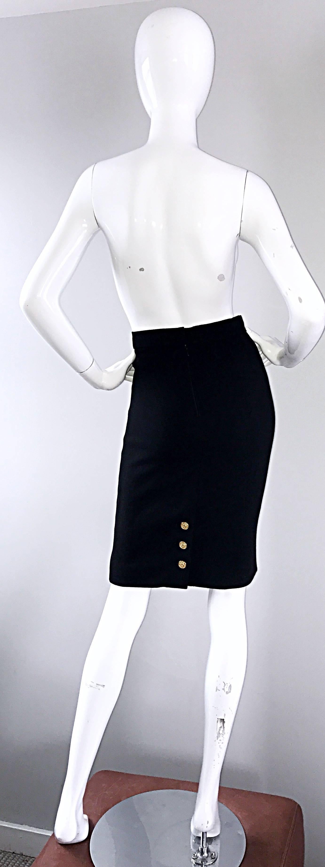 Classic vintage 1990s CHANEL by KARL LAGERFELD, high waist black virgin wool skirt! Bodcon fit hugs the body in all the right places. Super soft virgin wool, and completely line in black silk (with CC logos throughout). Hidden zipper up the back