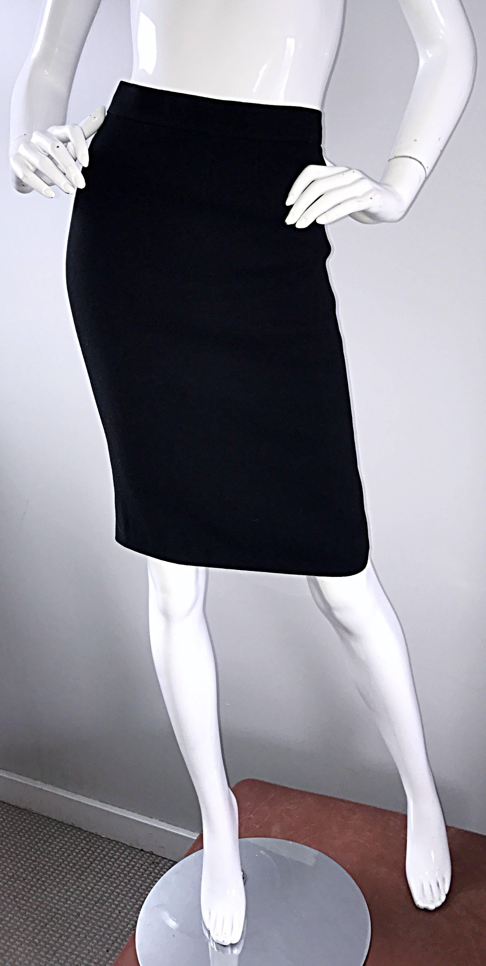 Vintage Chanel Black Wool High Waisted 90s Bodycon Pencil Skirt Gold CC Buttons In Excellent Condition For Sale In San Diego, CA