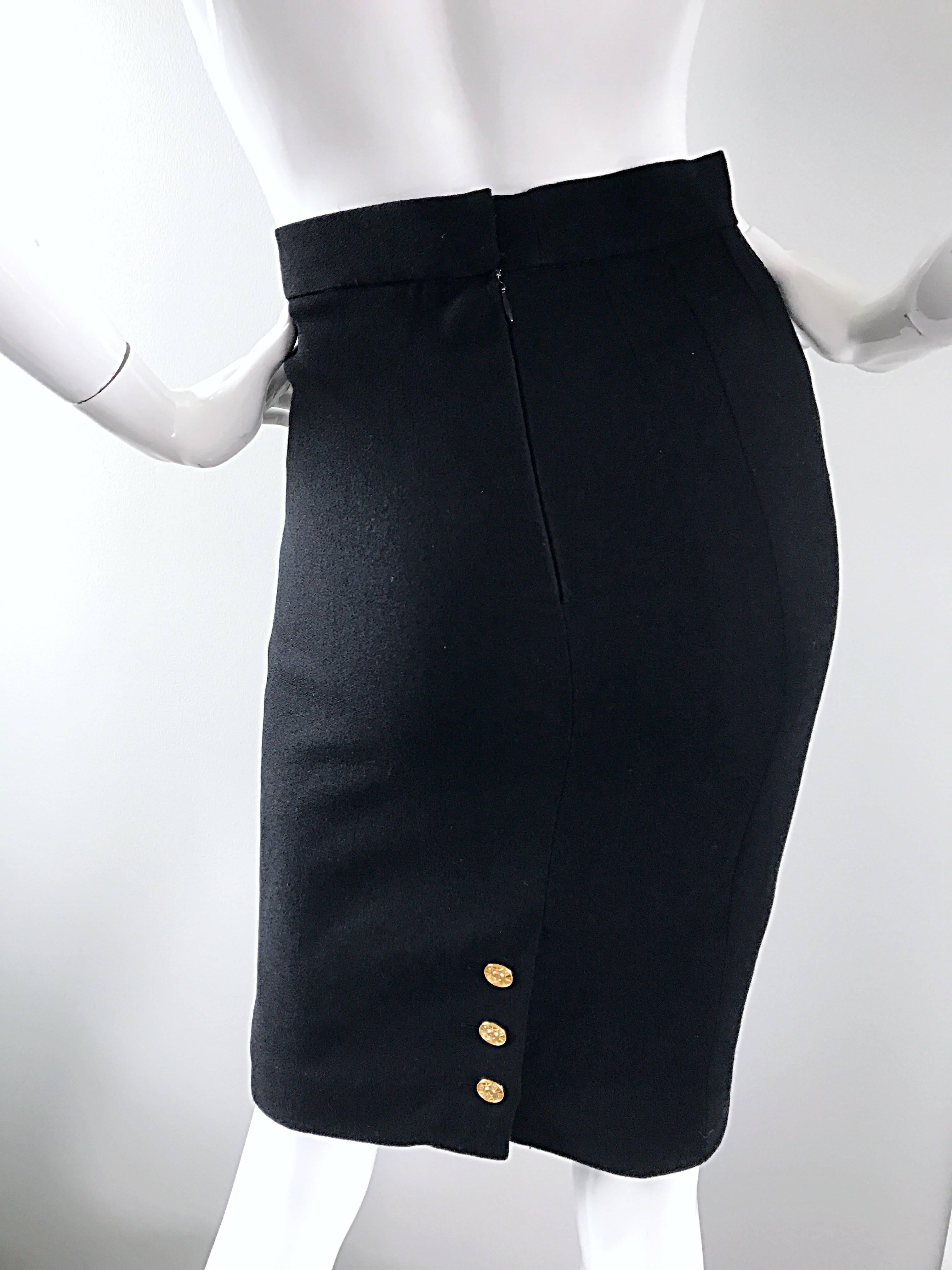 Women's Vintage Chanel Black Wool High Waisted 90s Bodycon Pencil Skirt Gold CC Buttons For Sale