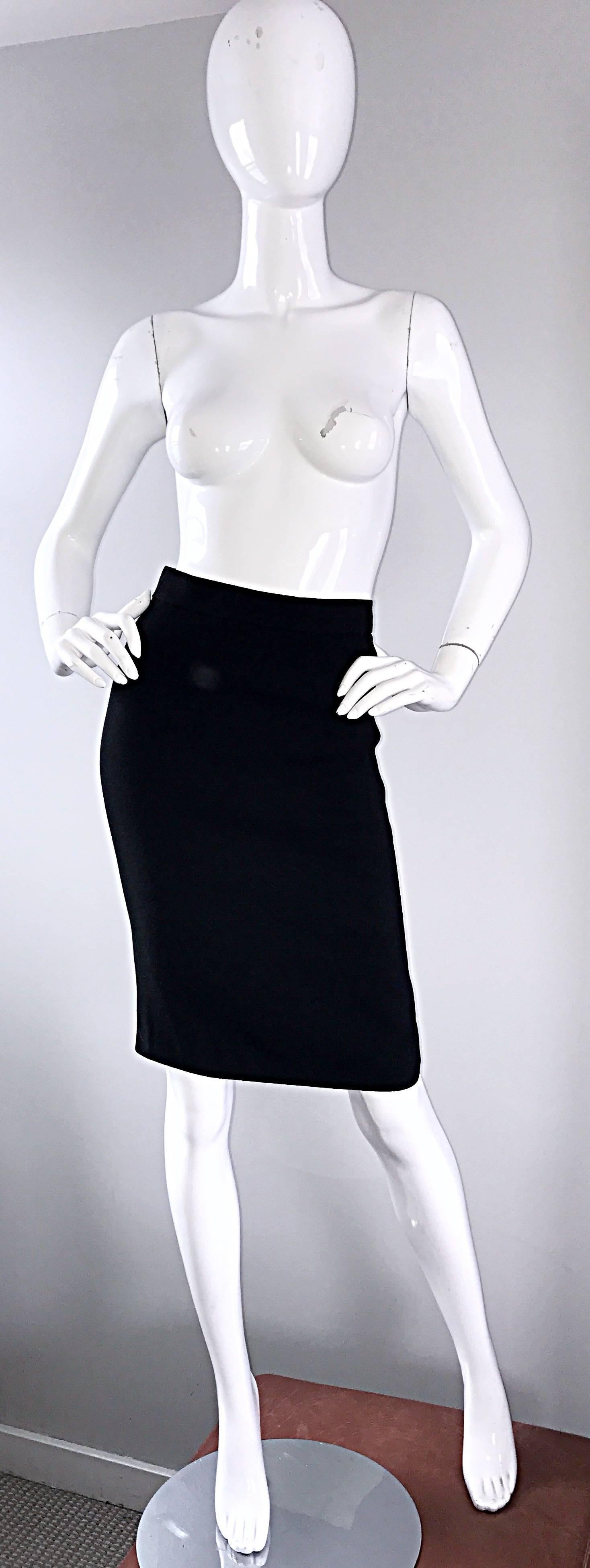 Vintage Chanel Black Wool High Waisted 90s Bodycon Pencil Skirt Gold CC Buttons For Sale 1